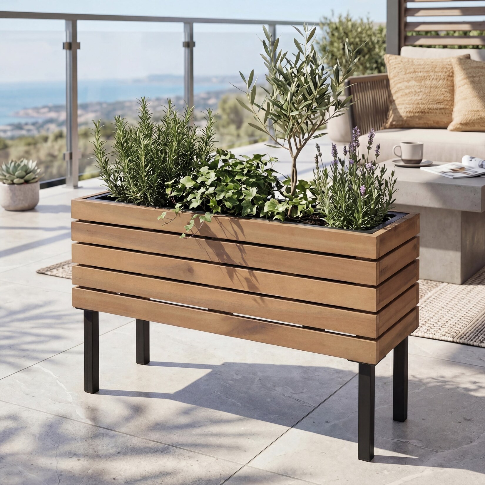 Pflanzkasten -P84, Blumenkasten Outdoor Stahl Akazie 36x62x22cm MVG-zertifiziert ~ hellbraun