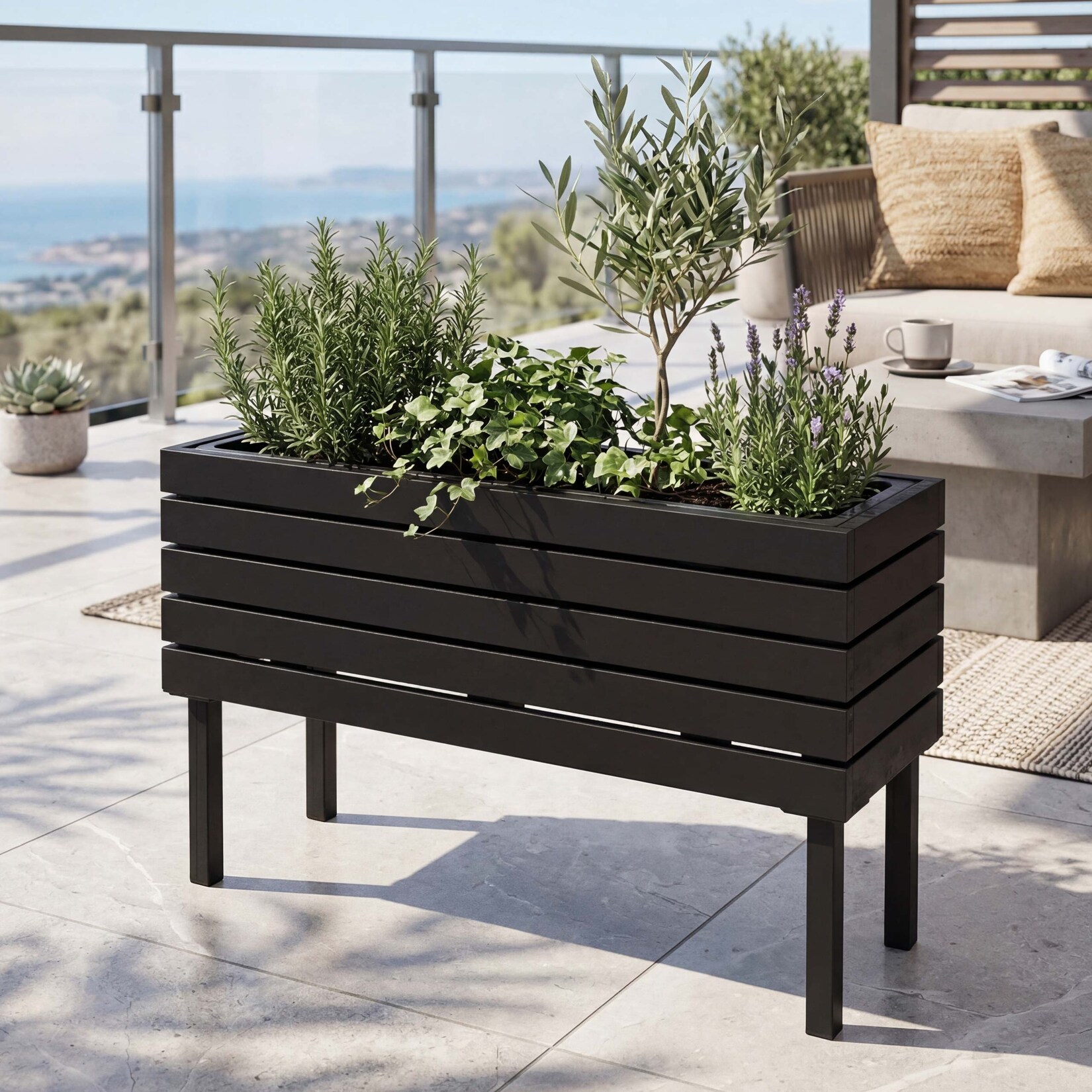 Pflanzkasten -P84, Blumenkasten Outdoor Stahl Akazie 36x62x22cm MVG-zertifiziert ~ schwarz