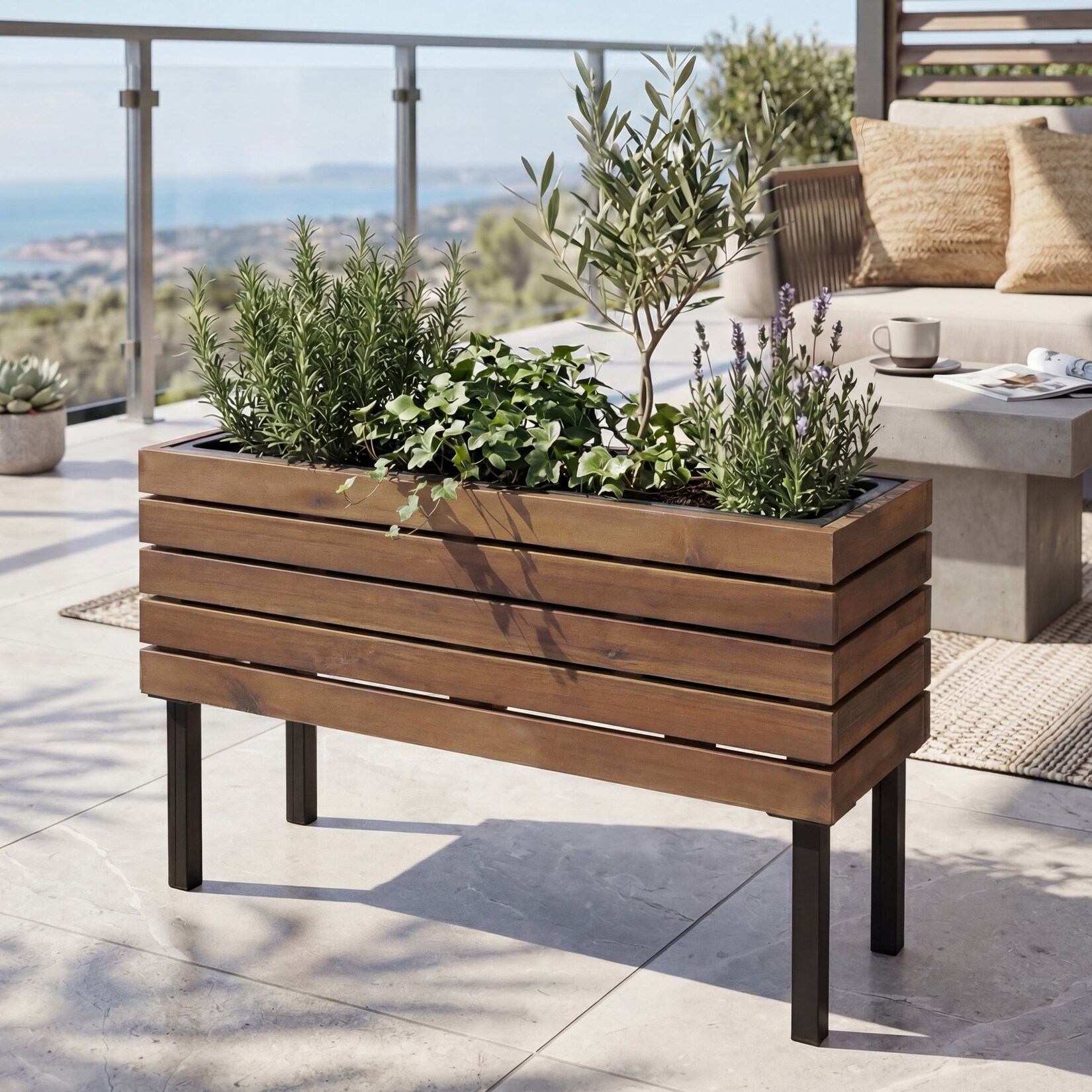 Pflanzkasten -P84, Blumenkasten Outdoor Stahl Akazie 36x62x22cm MVG-zertifiziert ~ braun