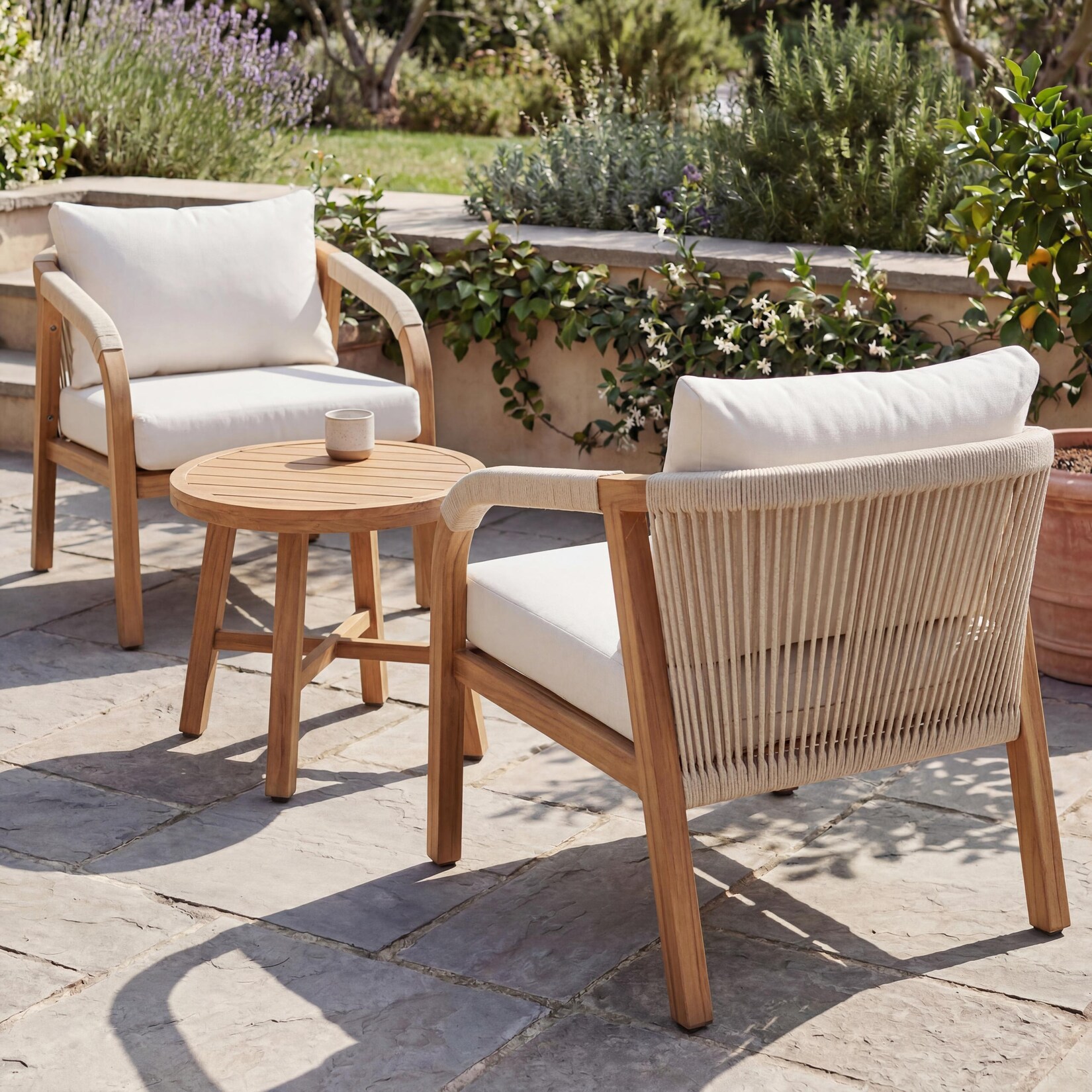 Aluminium Lounge-Set -P82, Gartengarnitur Balkon-Set Stuhl Tisch, Stoff/Textil (/m²) ~ Holz-Optik creme