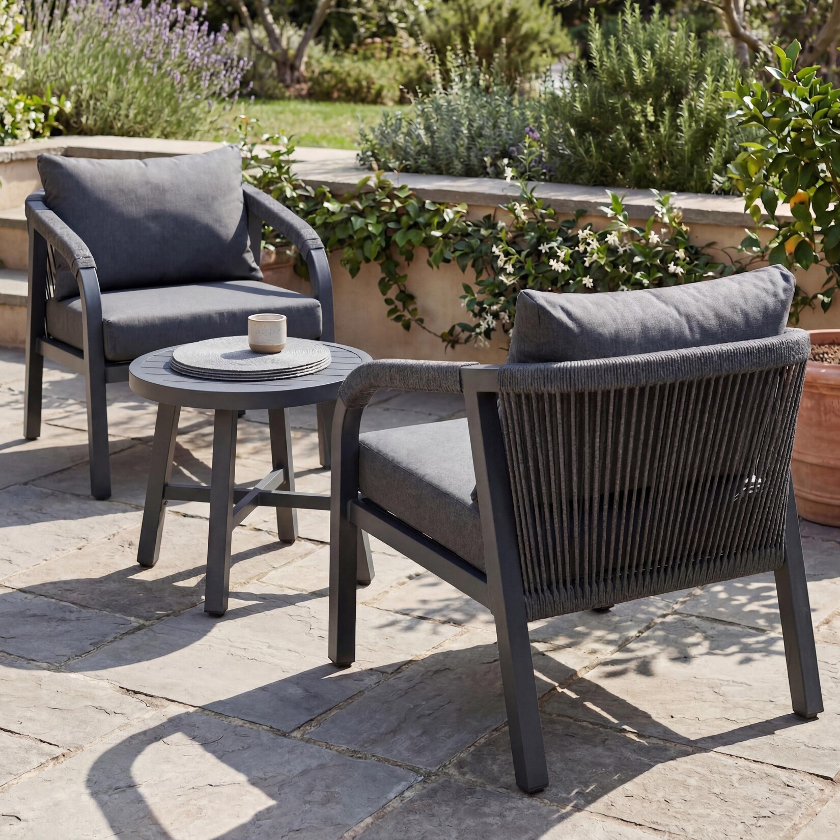 Aluminium Lounge-Set -P82, Gartengarnitur Balkon-Set Stuhl Tisch, Stoff/Textil (/m²) ~ dunkelgrau