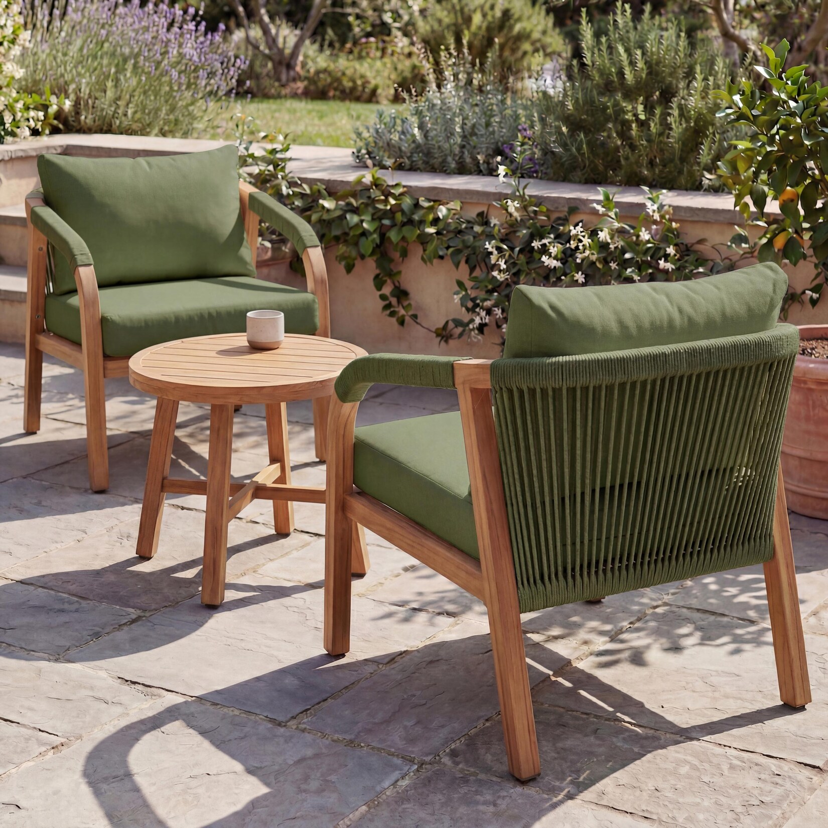 Aluminium Lounge-Set -P82, Gartengarnitur Balkon-Set Stuhl Tisch, Stoff/Textil (/m²) ~ Holz-Optik olivgrün