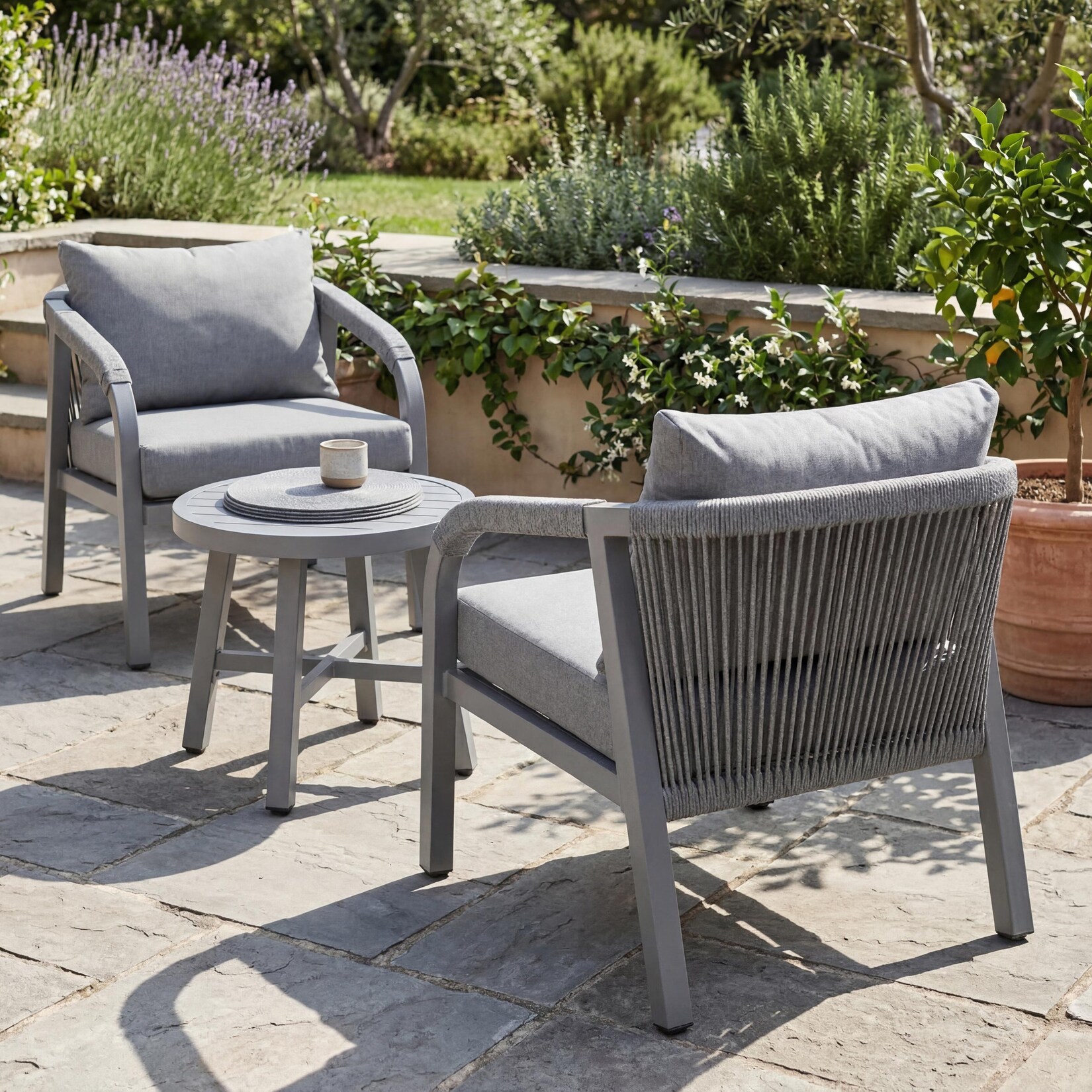 Aluminium Lounge-Set -P82, Gartengarnitur Balkon-Set Stuhl Tisch, Stoff/Textil (/m²) ~ hellgrau