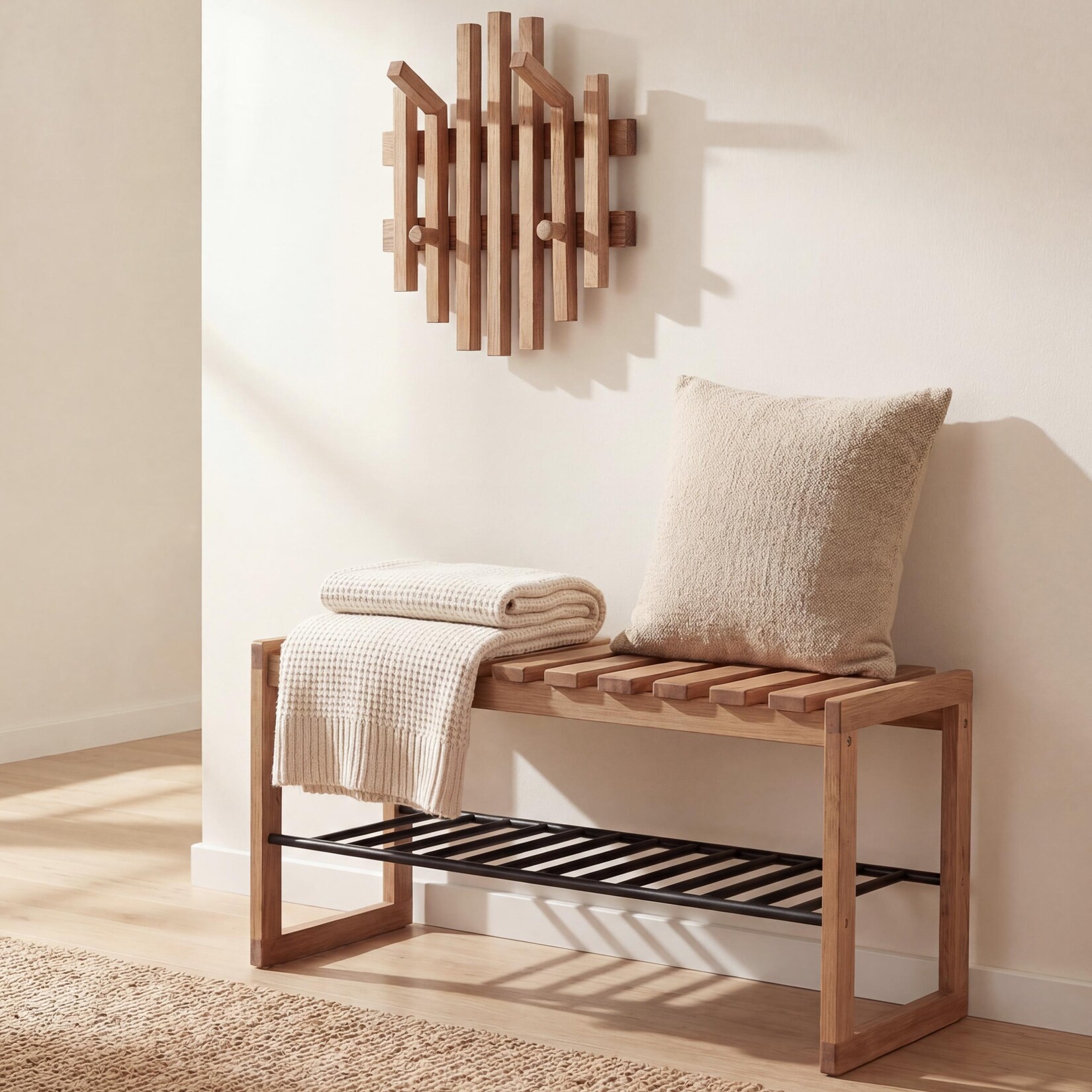 MCA Garderobenset MCW-P57, Garderobenpaneel Sitzbank Schuhablage, Massiv-Holz Eiche