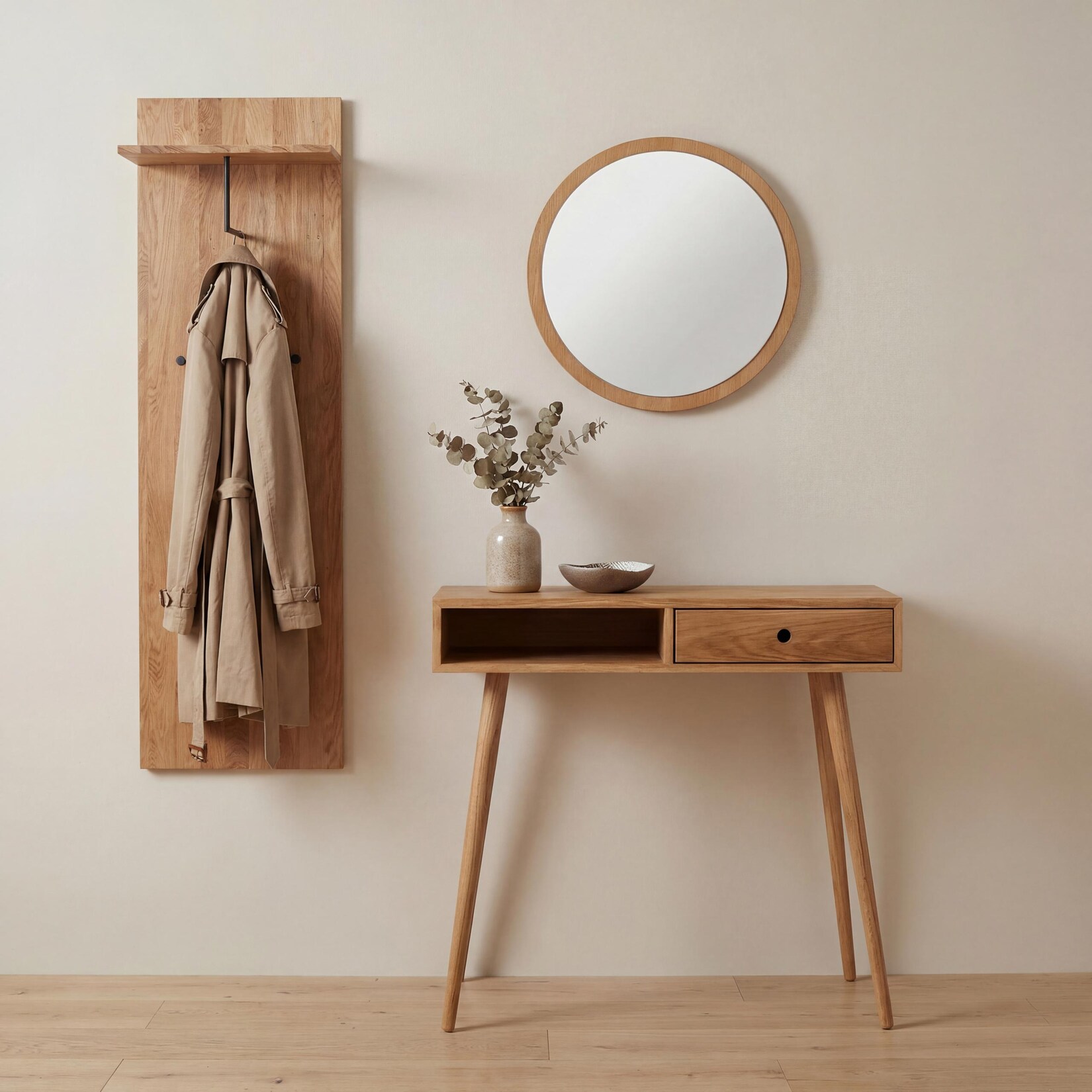 MCA Garderobenset MCW-P55, Konsolentisch Garderobenpaneel Spiegel, Massiv-Holz Ablagefläche Schublade Haken, Eiche