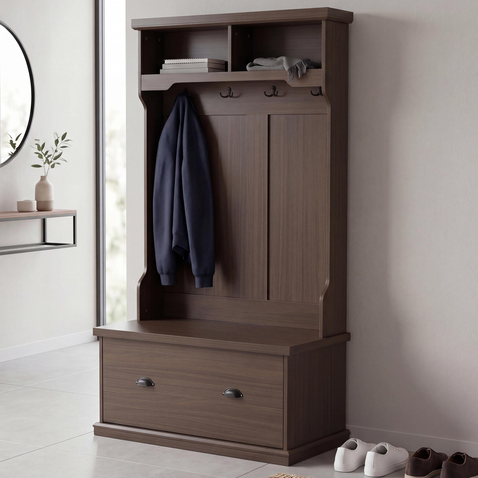 Garderobe MCW-P27, Flurgarderobe Holzgarderobe Sitzbank, 4 Haken Staufach Ablage Melamin 163x100x47cm ~ Walnuss-Optik