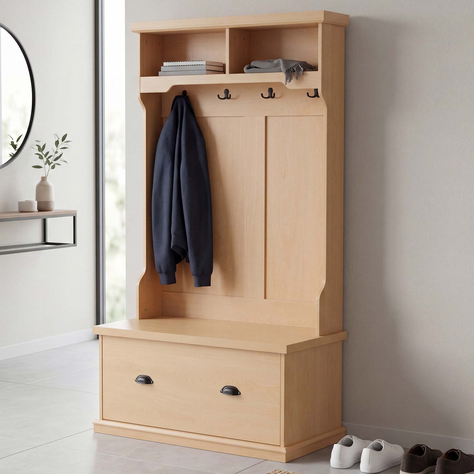 Garderobe MCW-P27, Flurgarderobe Holzgarderobe Sitzbank, 4 Haken Staufach Ablage Melamin 163x100x47cm ~ natur