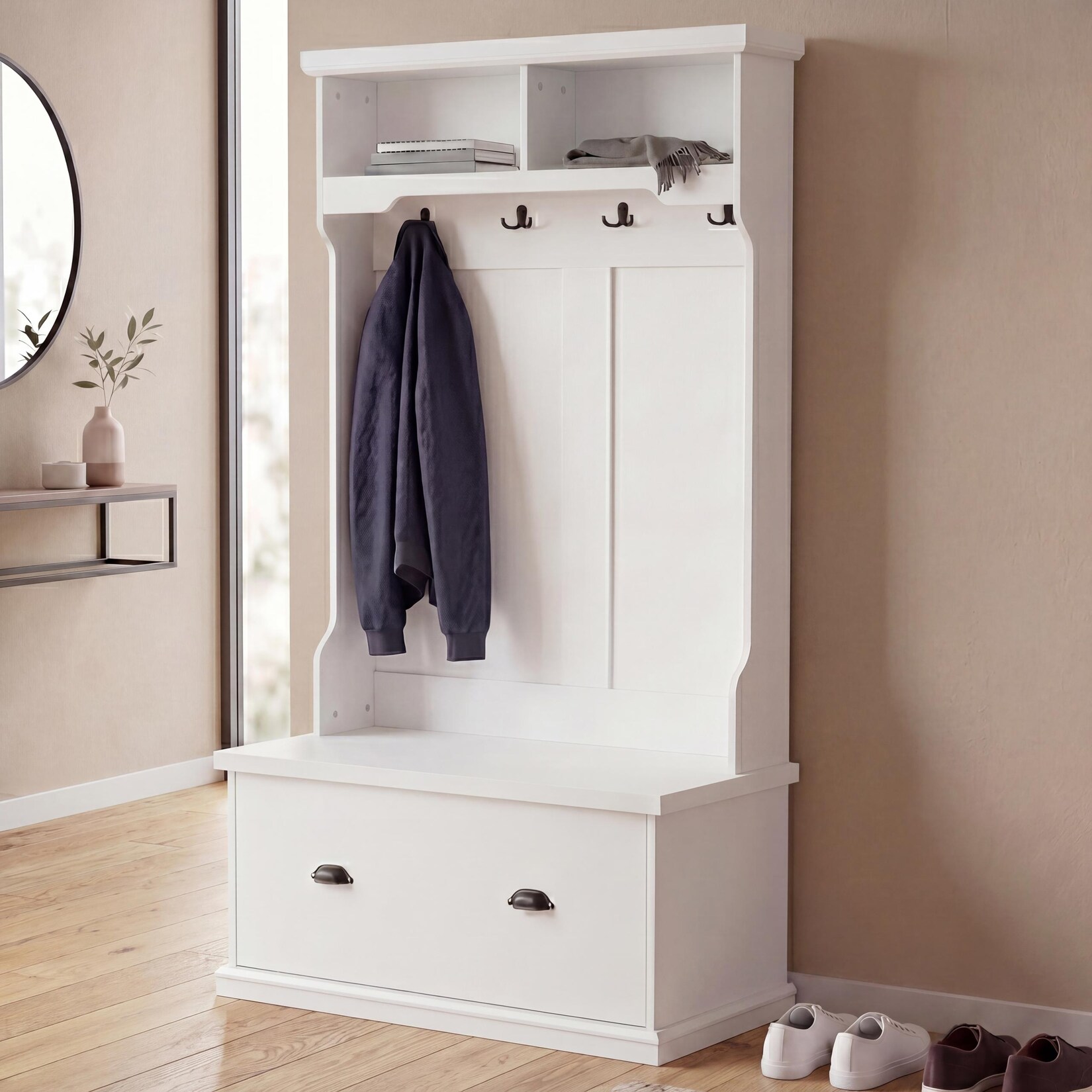 Garderobe MCW-P27, Flurgarderobe Holzgarderobe Sitzbank, 4 Haken Staufach Ablage Melamin 163x100x47cm ~ weiß