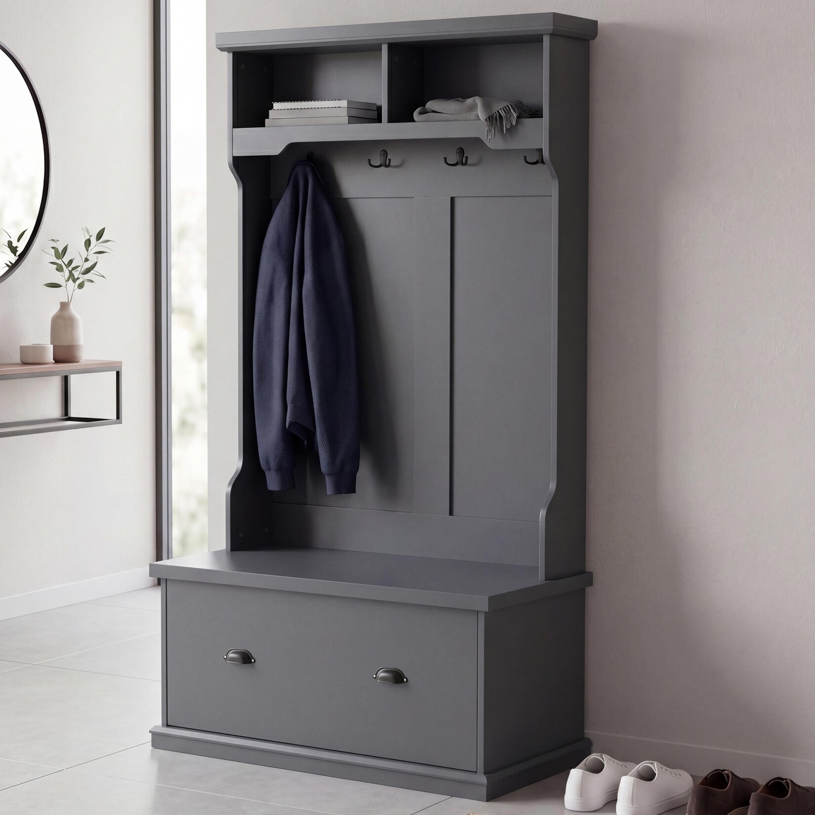 Garderobe MCW-P27, Flurgarderobe Holzgarderobe Sitzbank, 4 Haken Staufach Ablage Melamin 163x100x47cm ~ dunkelgrau