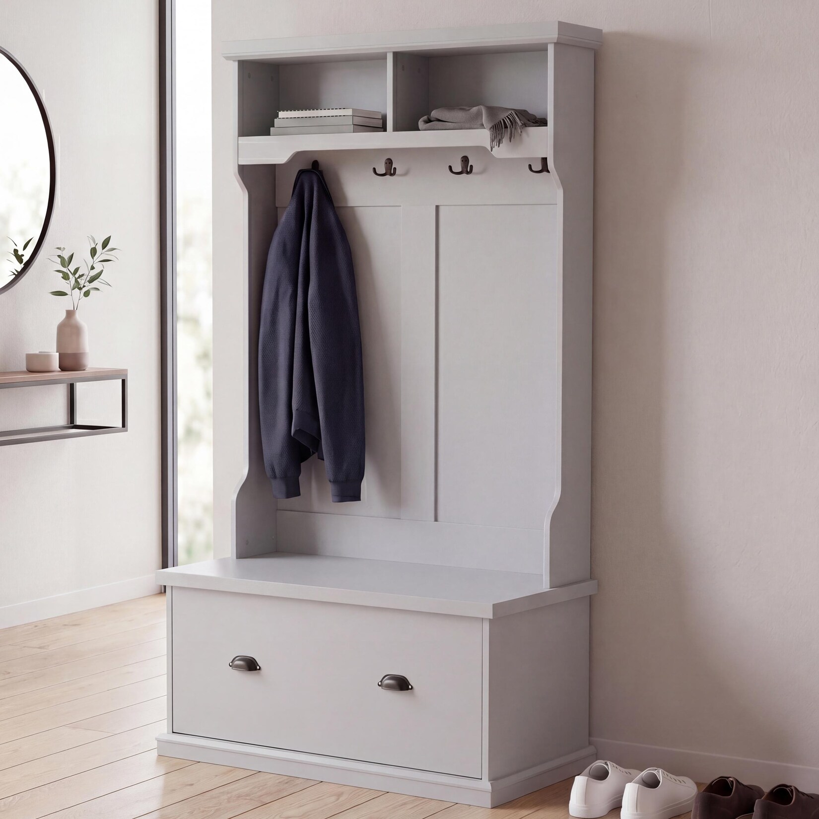 Garderobe MCW-P27, Flurgarderobe Holzgarderobe Sitzbank, 4 Haken Staufach Ablage Melamin 163x100x47cm ~ hellgrau