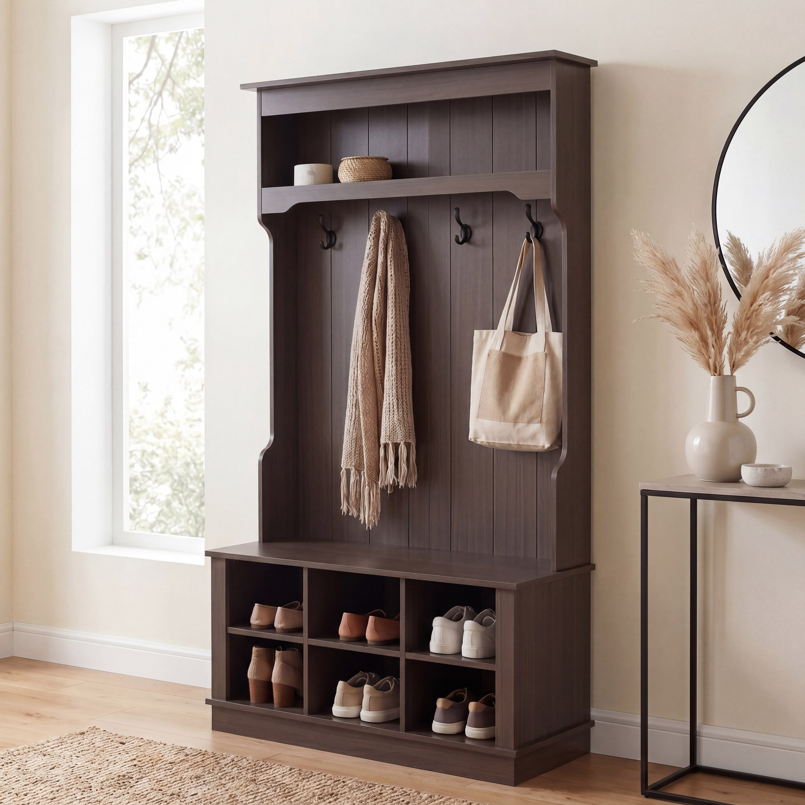 Garderobe MCW-P26, Flurgarderobe Holzgarderobe Sitzbank, 4 Haken Staufach Ablage Melamin 170x100x39cm ~ Walnuss-Optik - Bild 1
