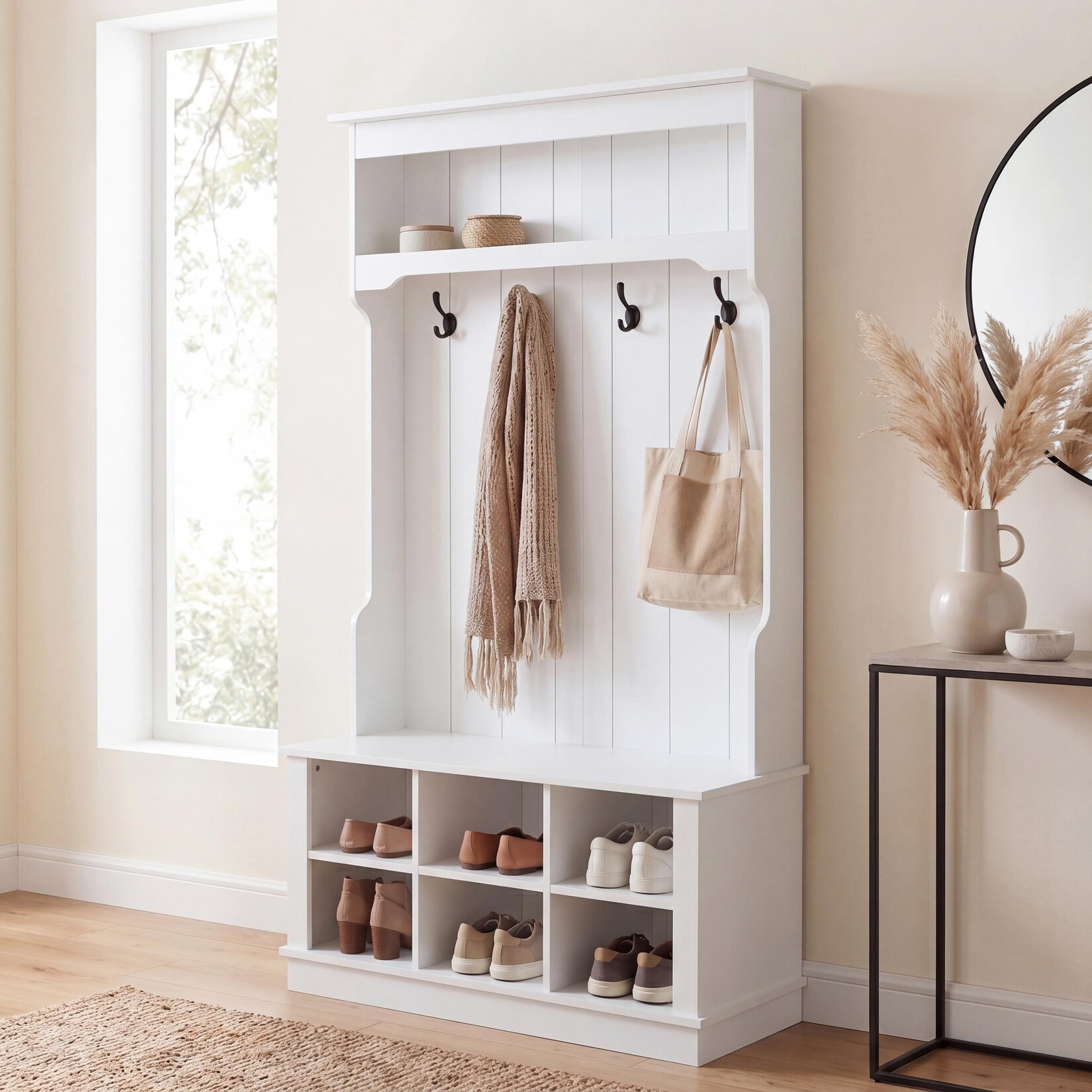 Garderobe MCW-P26, Flurgarderobe Holzgarderobe Sitzbank, 4 Haken Staufach Ablage Melamin 170x100x39cm ~ weiß