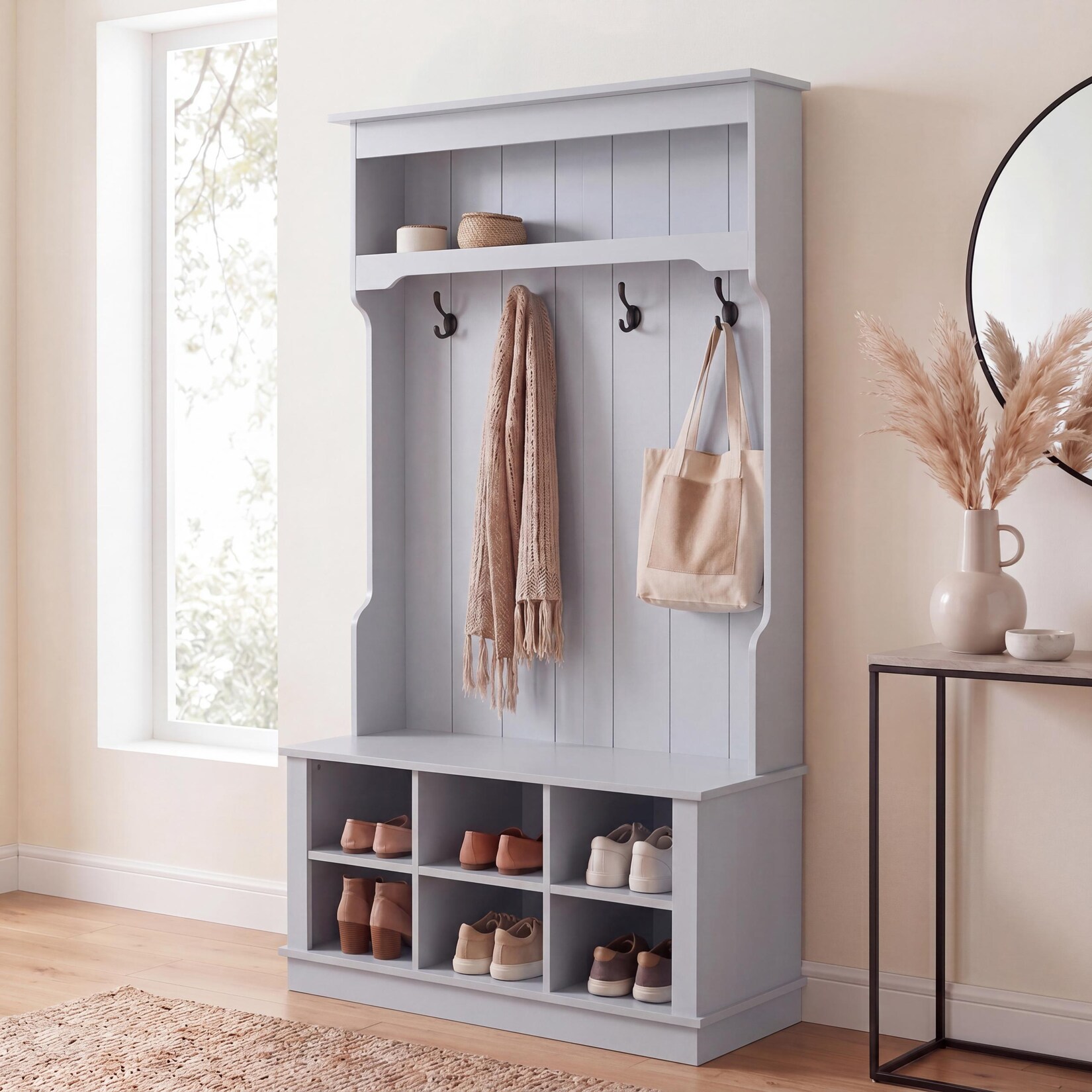 Garderobe MCW-P26, Flurgarderobe Holzgarderobe Sitzbank, 4 Haken Staufach Ablage Melamin 170x100x39cm ~ hellgrau