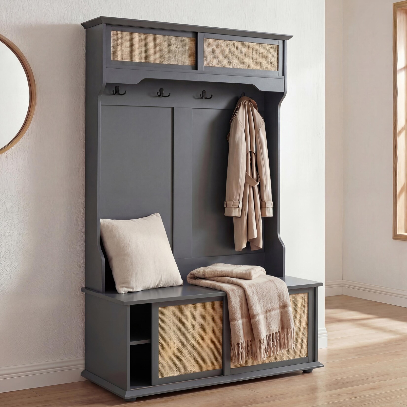 Garderobe MCW-P25, Flurgarderobe Holzgarderobe, Melamin Kubu Rattan 163x100x47cm ~ dunkelgrau