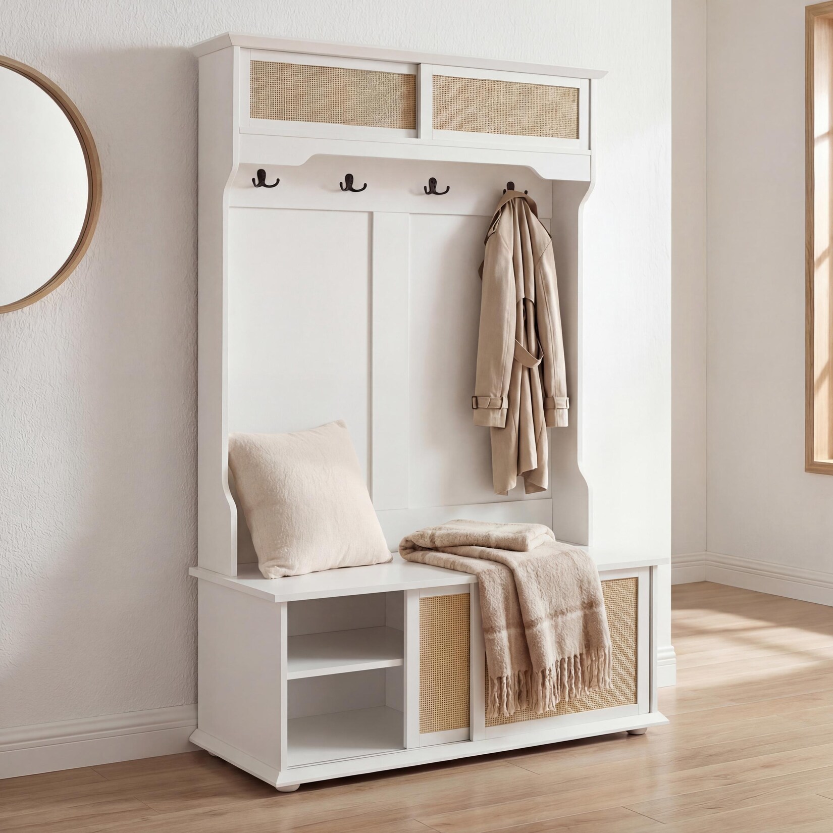Garderobe MCW-P25, Flurgarderobe Holzgarderobe, Melamin Kubu Rattan 163x100x47cm ~ weiß