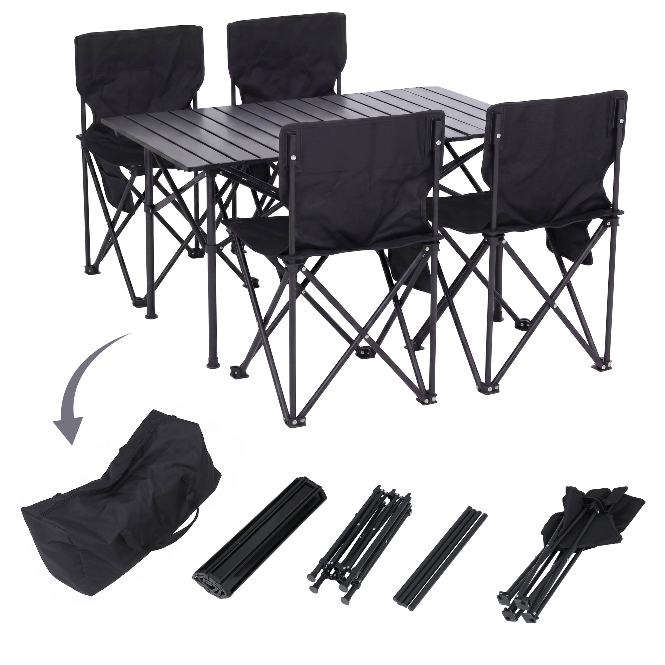 Campingset MCW-Q39, Tisch 4x Stuhl Klappstuhl Anglerstuhl faltbar, Metall Stoff ~ schwarz - Bild 1