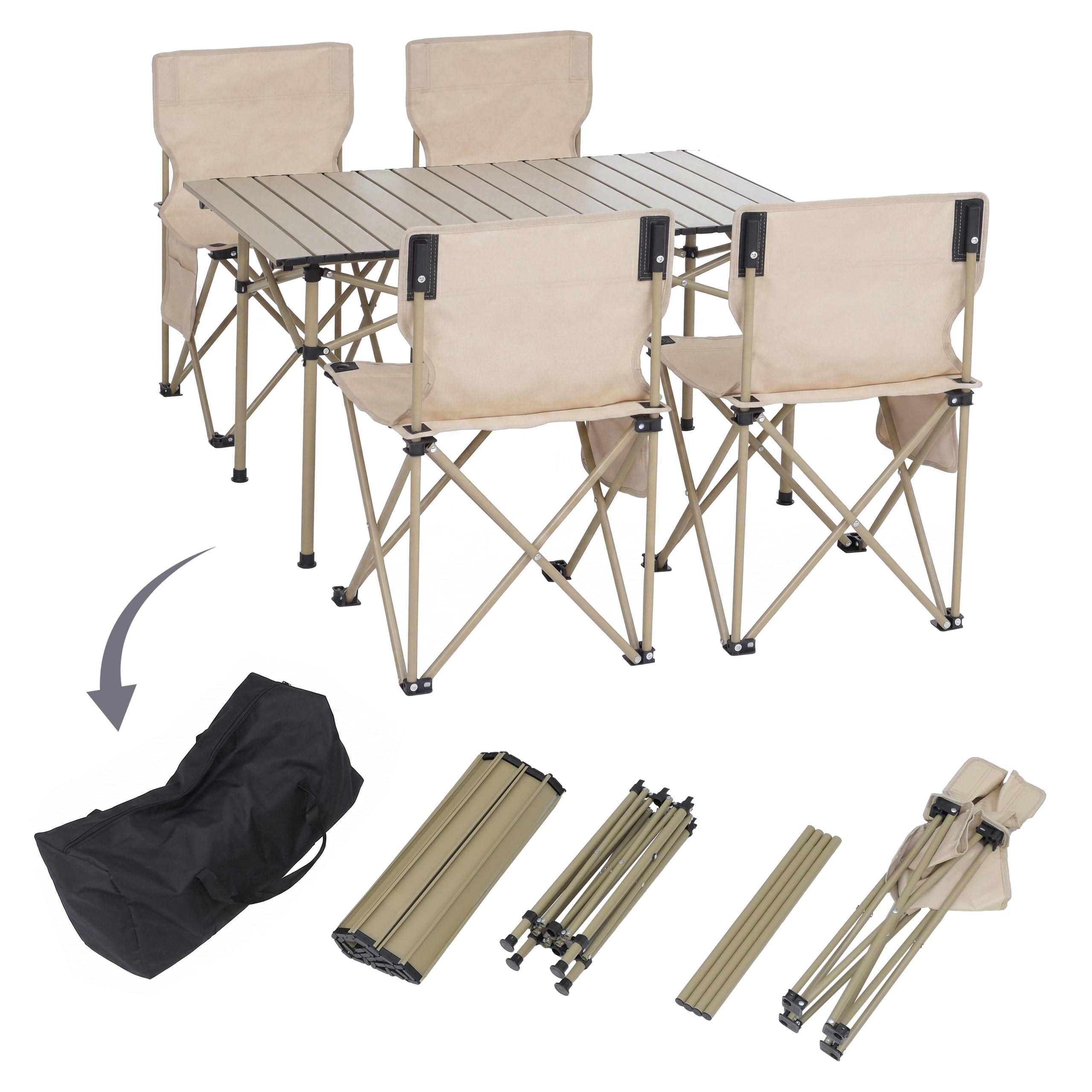 Campingset MCW-Q39, Tisch 4x Stuhl Klappstuhl Anglerstuhl faltbar, Metall Stoff ~ creme - Bild 1