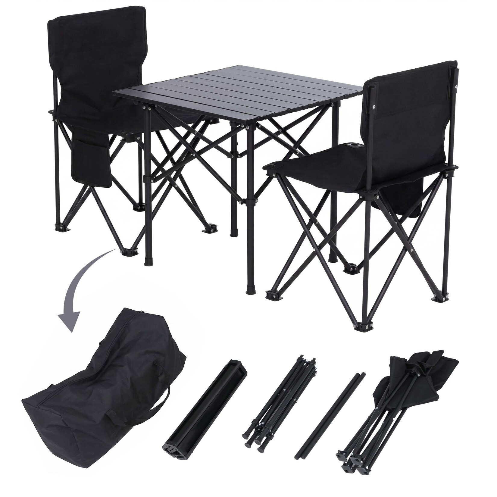 Campingset MCW-Q39, Tisch 2x Stuhl Klappstuhl Anglerstuhl faltbar, Metall Stoff ~ schwarz
