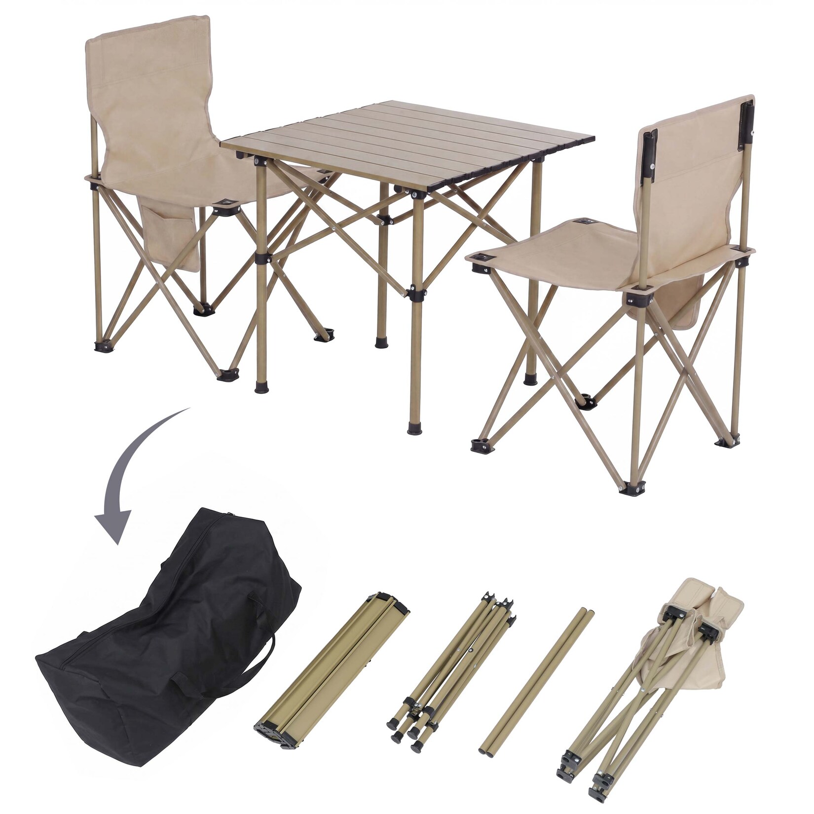 Campingset MCW-Q39, Tisch 2x Stuhl Klappstuhl Anglerstuhl faltbar, Metall Stoff ~ creme