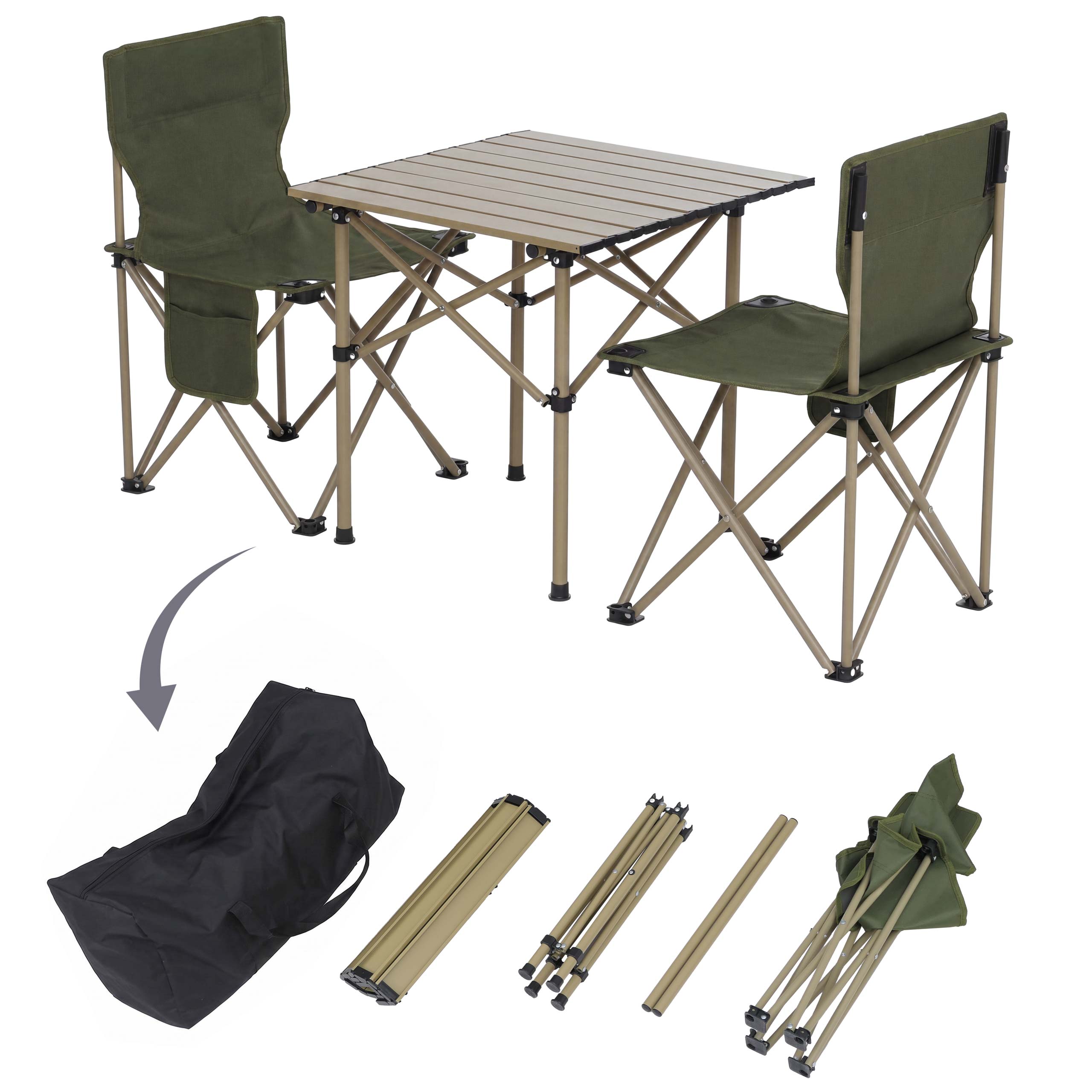 Campingset MCW-Q39, Tisch 2x Stuhl Klappstuhl Anglerstuhl faltbar, Metall Stoff ~ gr&uuml;n - Bild 1