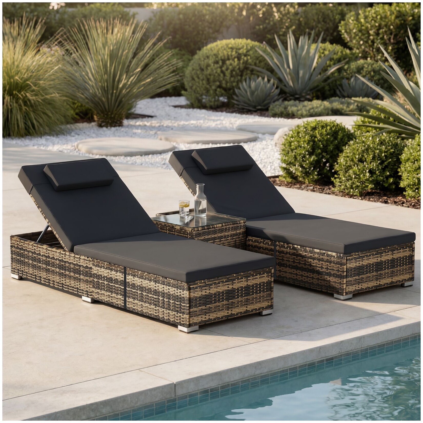 tectake® Rattan-Doppelliege, wetterfest und UV-beständig, Tisch mit Sicherheitsglasplatte, Belastbarkeit je