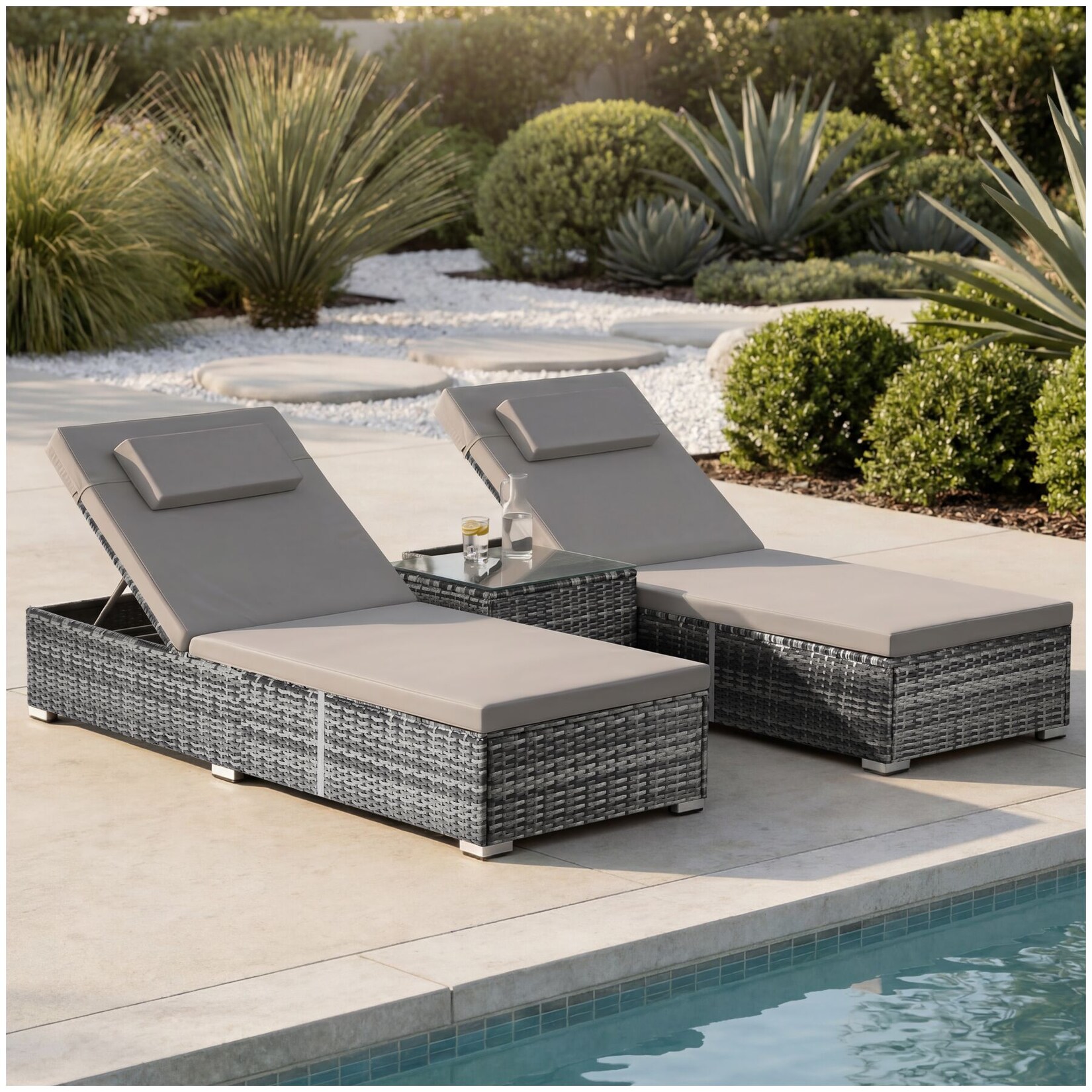 tectake® Rattan-Doppelliege, wetterfest und UV-beständig, Tisch mit Sicherheitsglasplatte, Belastbarkeit je