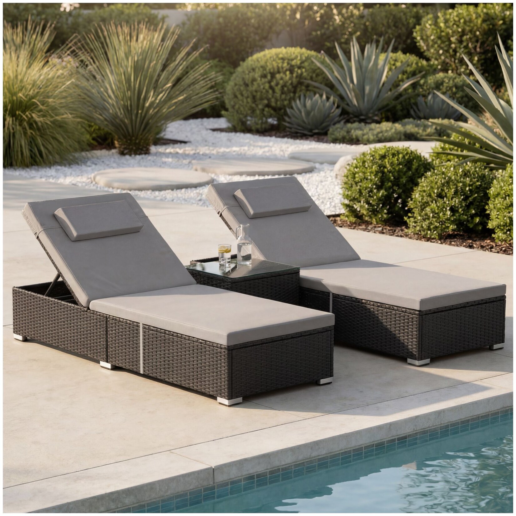 tectake® Rattan-Doppelliege, wetterfest und UV-beständig, Tisch mit Sicherheitsglasplatte, Belastbarkeit je