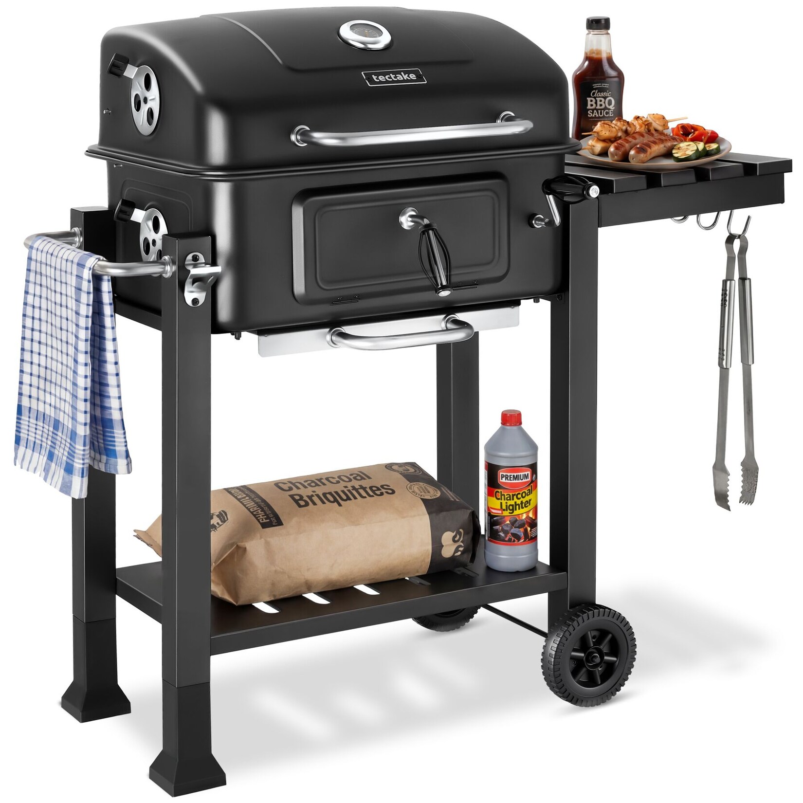 tectake® Holzkohlegrill, mit 2 Rädern, höhenverstellbare Holzkohlewanne mit Ascheschublade, 110 x 64 x 104 cm, untere Gitterablage