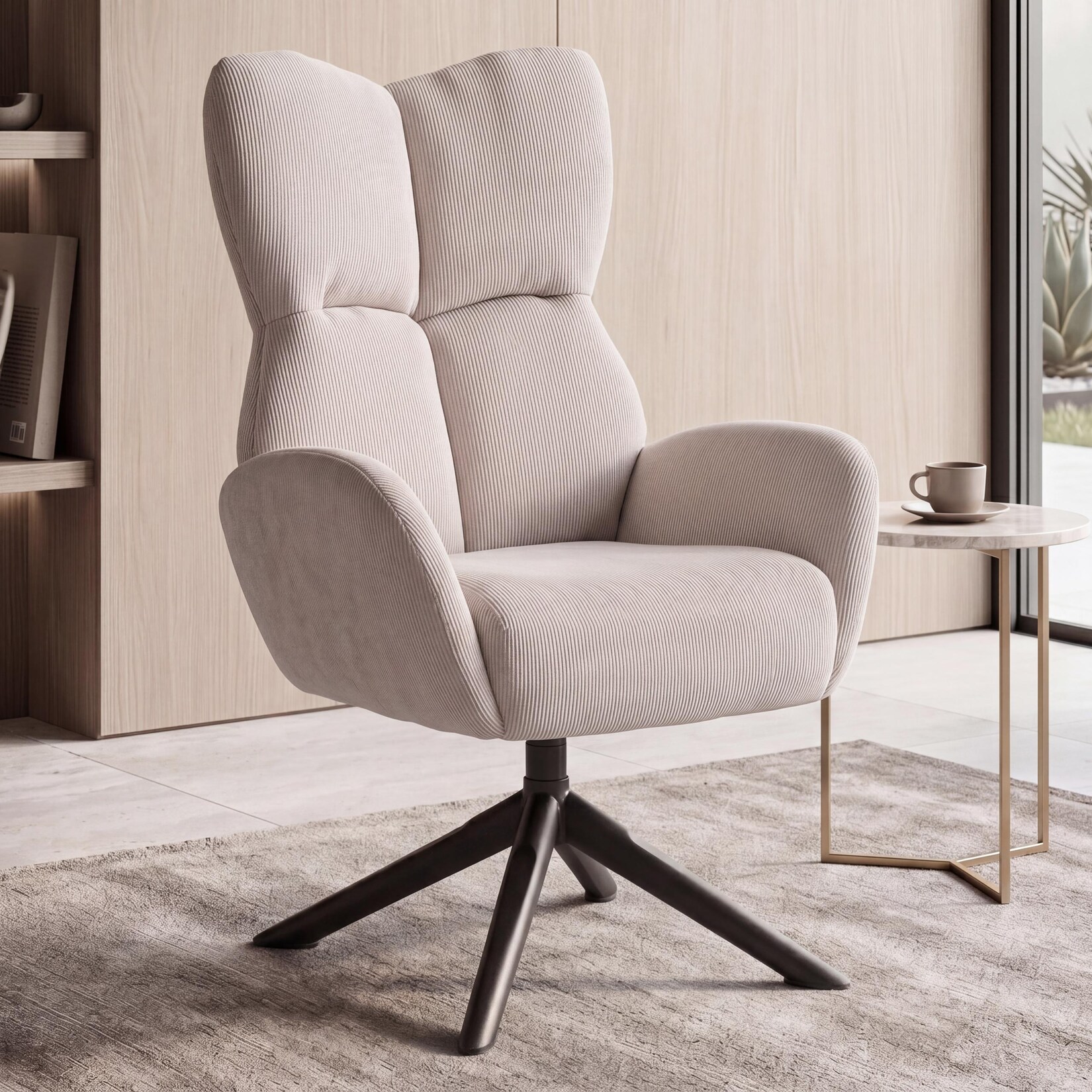 Loungesessel MCW-Q54, Cocktail-/Polster-/Relaxsessel Sessel Loungestuhl, drehbar Metall Cord (320g/m²) ~ creme