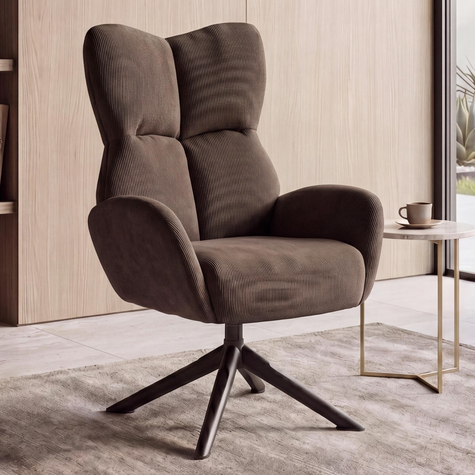 Loungesessel MCW-Q54, Cocktail-/Polster-/Relaxsessel Sessel Loungestuhl, drehbar Metall Cord (320g/m²) ~ dunkelbraun