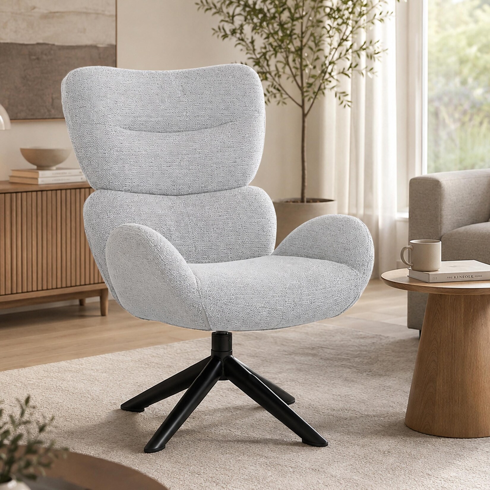 Loungestuhl MCW-Q53, Sessel Loungesessel Esszimmerstuhl, drehbar Metall Chenille (420g/m²) ~ creme