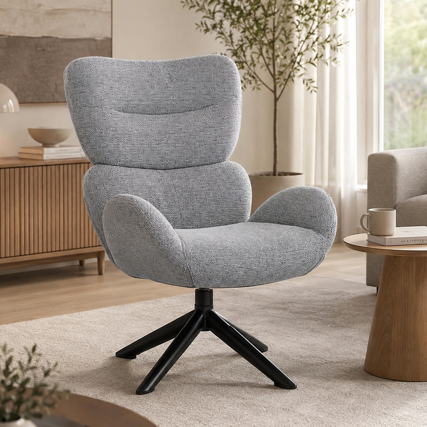 Loungestuhl MCW-Q53, Sessel Loungesessel Esszimmerstuhl, drehbar Metall Chenille (420g/m²) ~ dunkelgrau