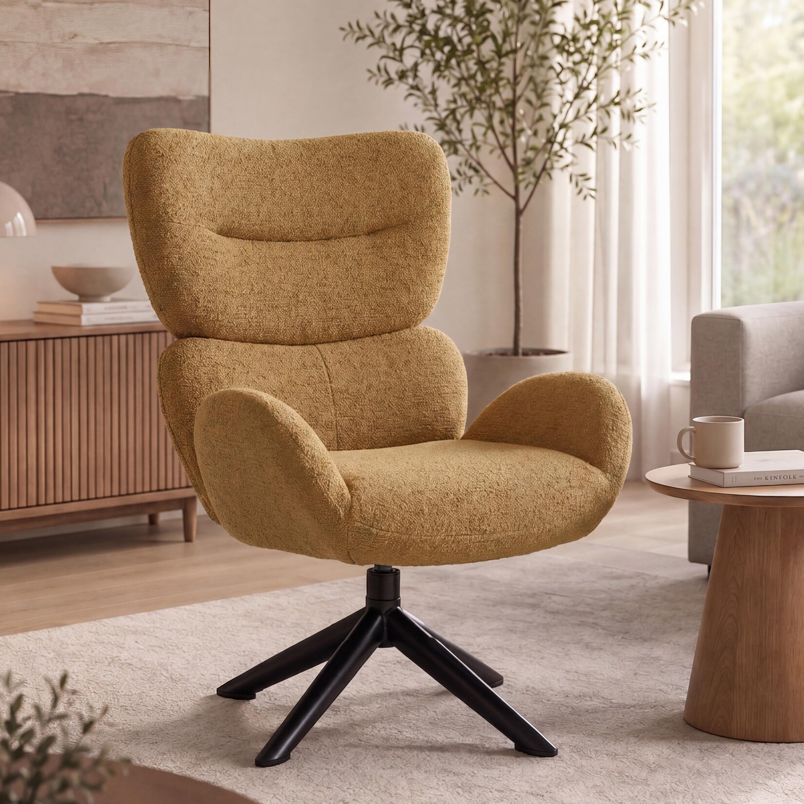 Loungestuhl MCW-Q53, Sessel Loungesessel Esszimmerstuhl, drehbar Metall Chenille (420g/m²) ~ senfgelb