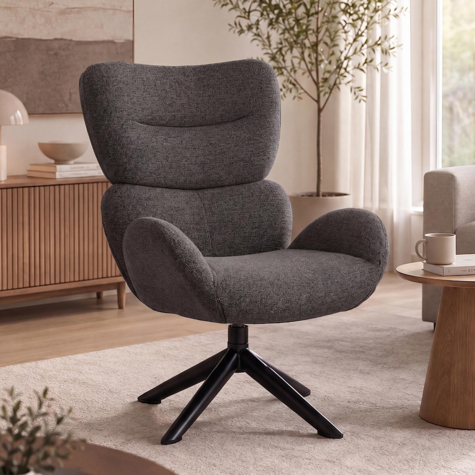 Loungestuhl MCW-Q53, Sessel Loungesessel Esszimmerstuhl, drehbar Metall Chenille (420g/m²) ~ dunkelgrün