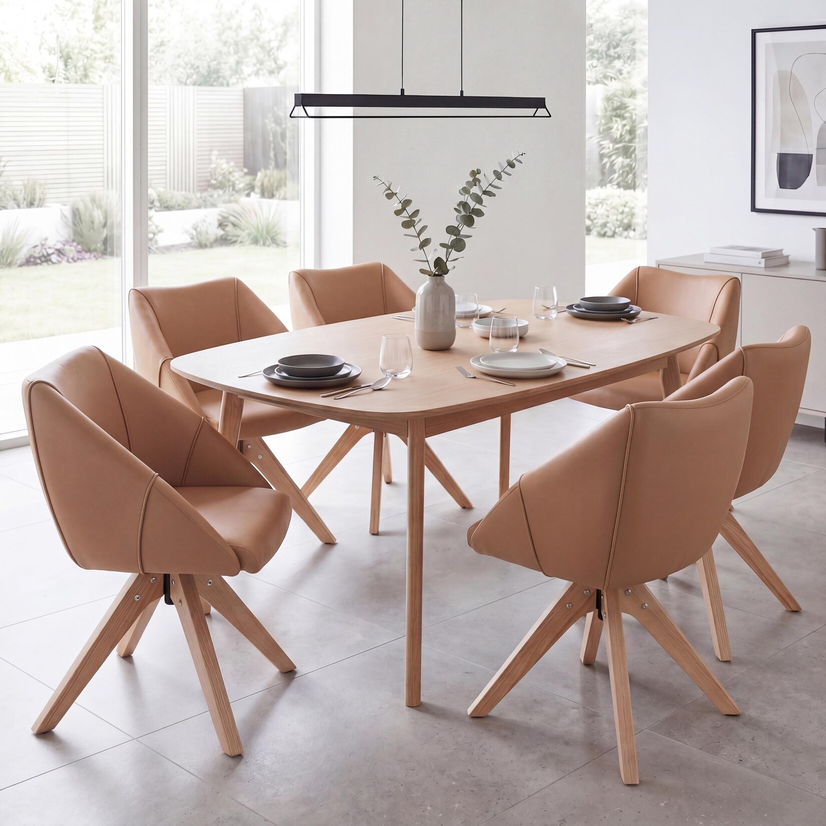 6er-Set Esszimmerstuhl MCW-Q52, Küchenstuhl Drehstuhl Polsterstuhl Esstischstuhl, drehbar Holz Kunstleder ~ hellbraun