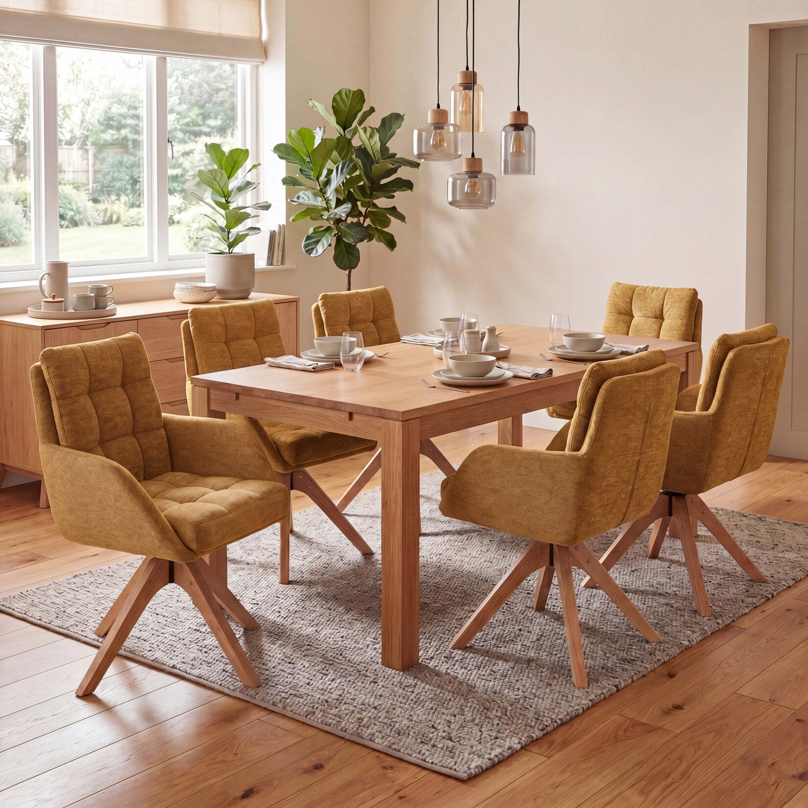 6er-Set Esszimmerstuhl MCW-Q36, Küchenstuhl Stuhl, drehbar Stoff Chenille (680g/m²) Öko-Tex Holz MVG ~ senfgelb