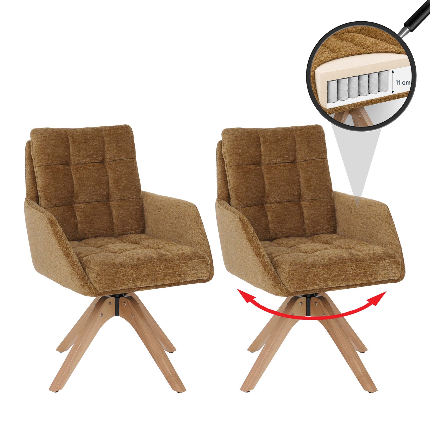 2er-Set Esszimmerstuhl MCW-Q36, Küchenstuhl Stuhl, drehbar Stoff Chenille (680g/m²) Öko-Tex Holz MVG ~ senfgelb
