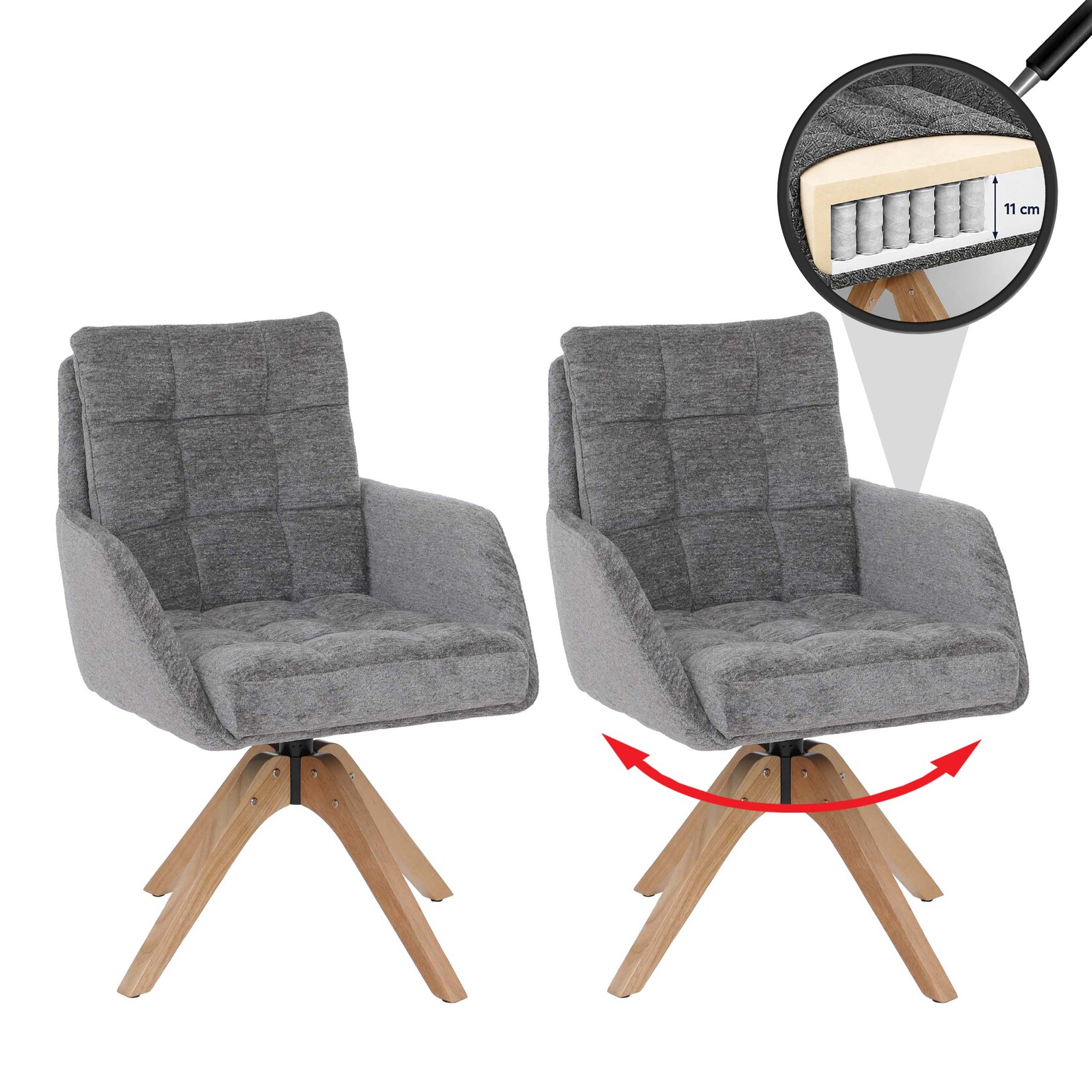 2er-Set Esszimmerstuhl MCW-Q36, Küchenstuhl Stuhl, drehbar Stoff Chenille (680g/m²) Öko-Tex Holz MVG ~ grau