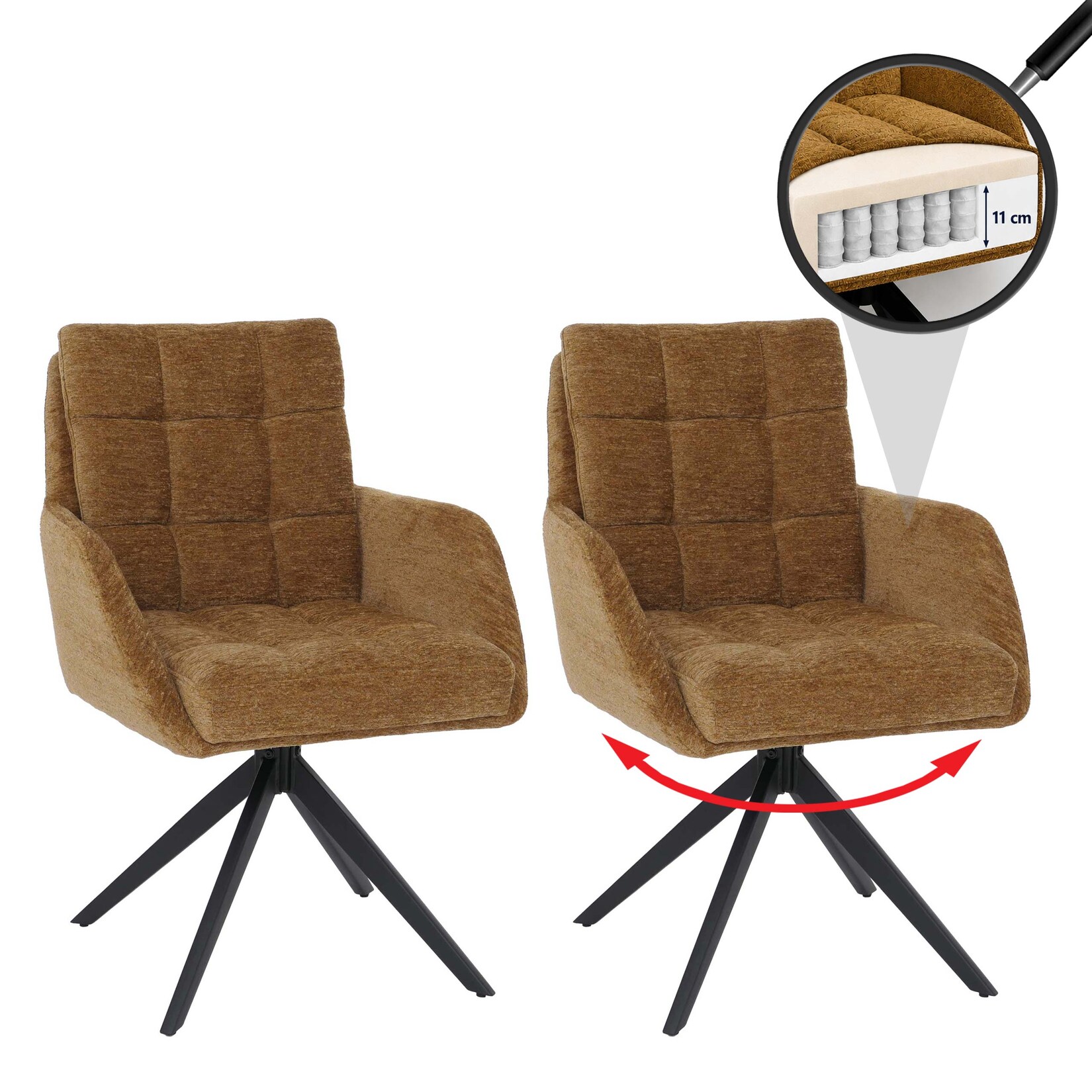 2er-Set Esszimmerstuhl MCW-Q36, Küchenstuhl drehbar Auto-Return, Stoff Chenille (680g/m²) Öko-Tex Metall MVG ~ senfgelb