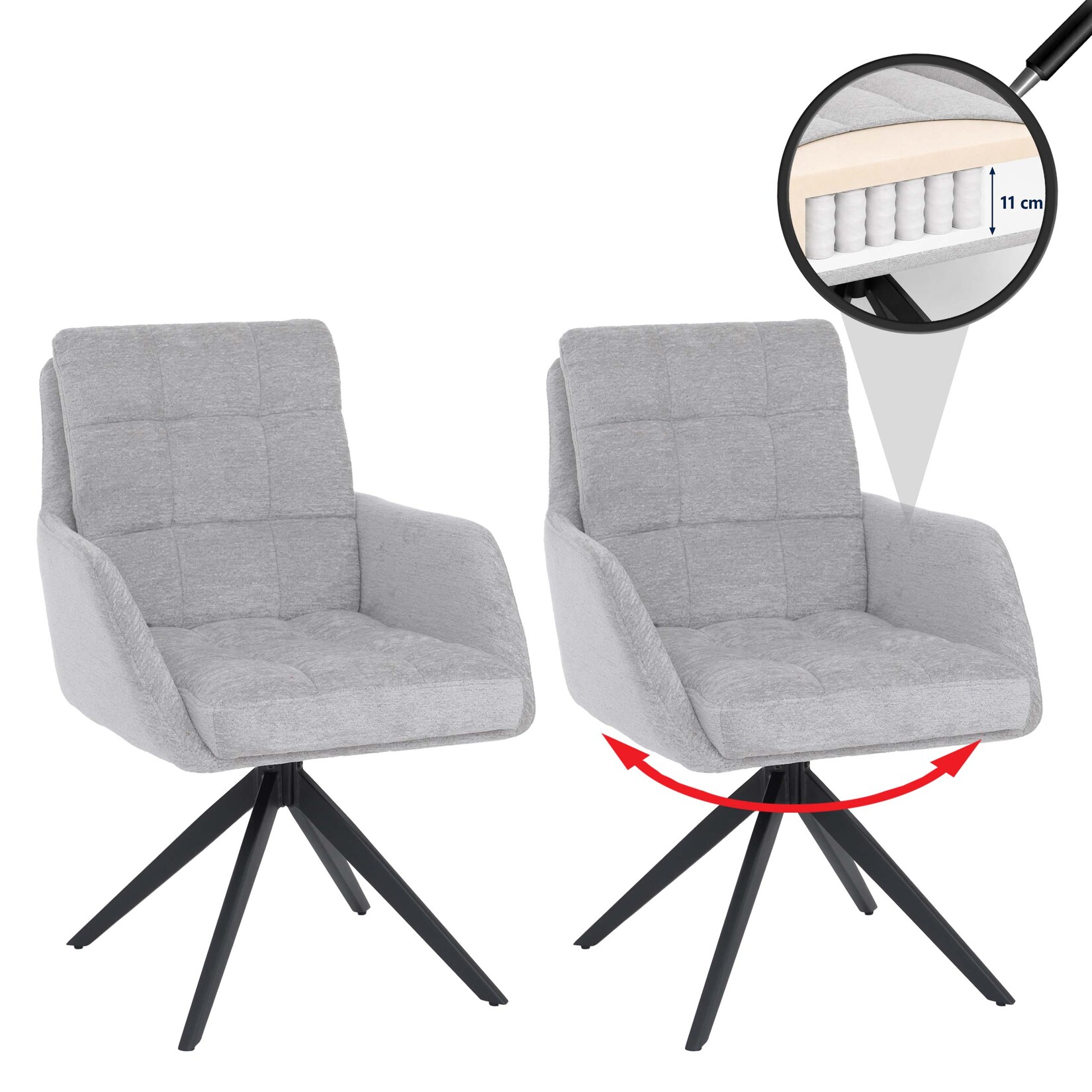 2er-Set Esszimmerstuhl MCW-Q36, Küchenstuhl drehbar Auto-Return, Stoff Chenille (680g/m²) Öko-Tex Metall MVG ~ hellgrau