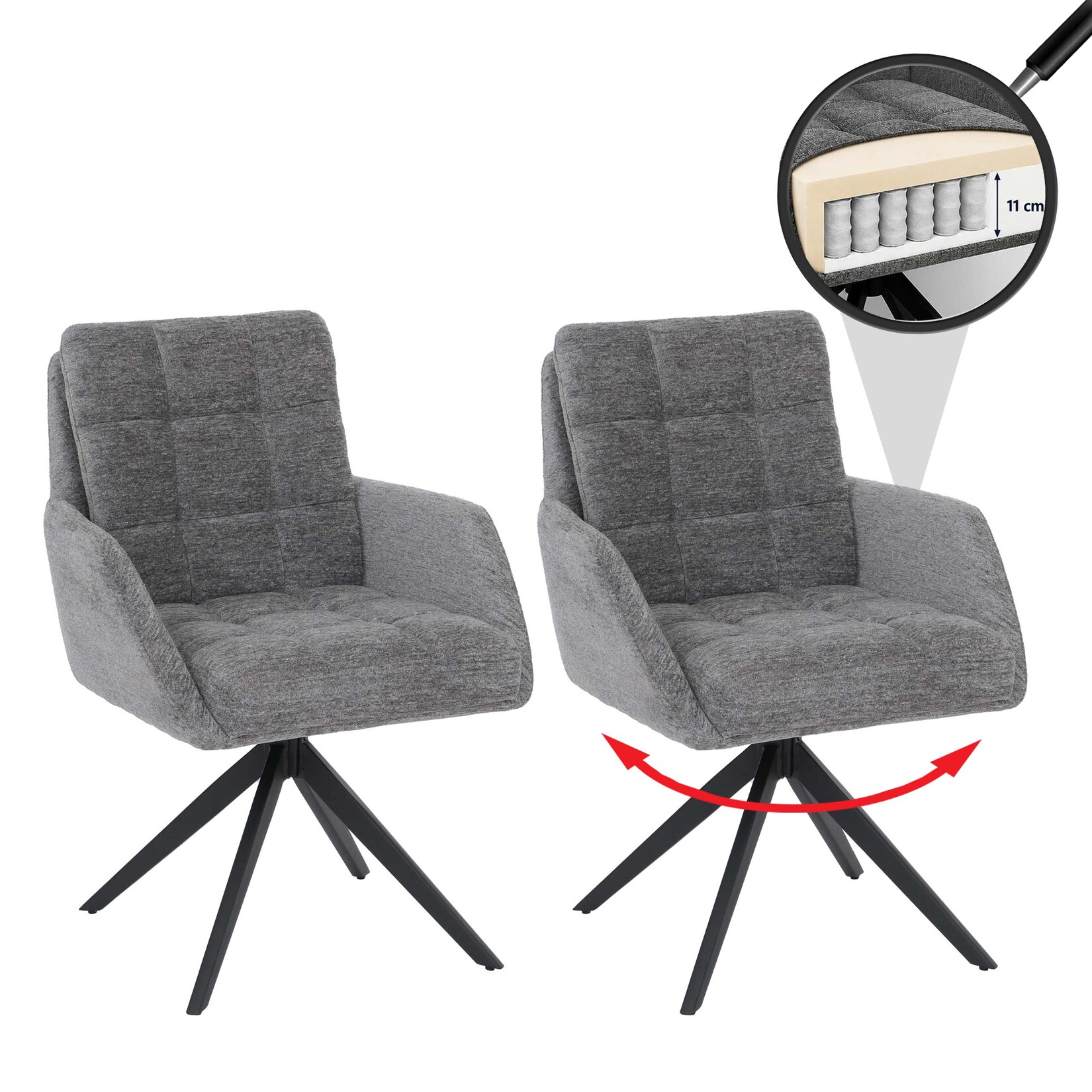 2er-Set Esszimmerstuhl MCW-Q36, Küchenstuhl drehbar Auto-Return, Stoff Chenille (680g/m²) Öko-Tex Metall MVG ~ grau