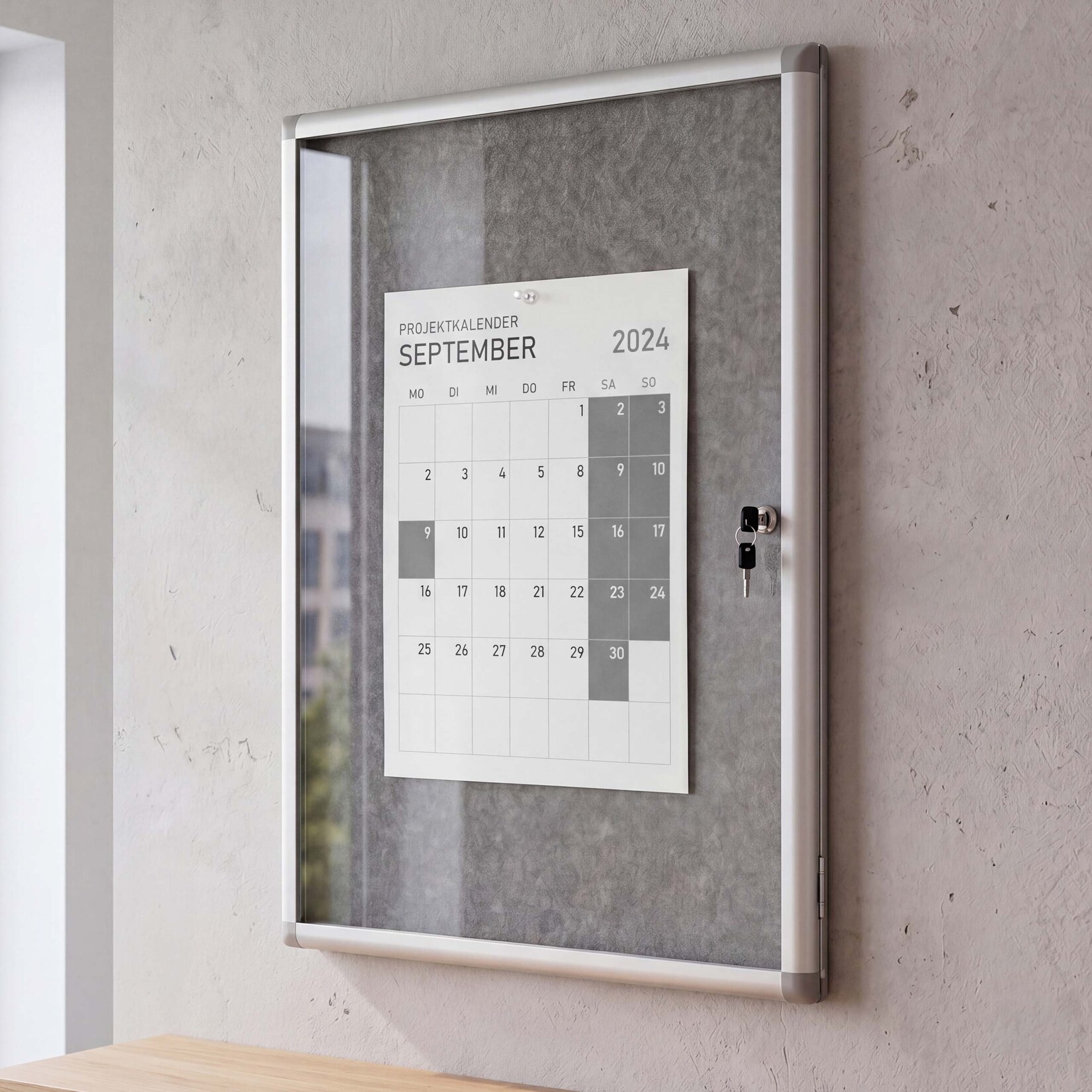Schaukasten MCW-Q51, Memoboard Pinnwand mit Filzoberfläche, Aluminium abschließbar inkl. Zubehör 95x68x7cm ~ grau