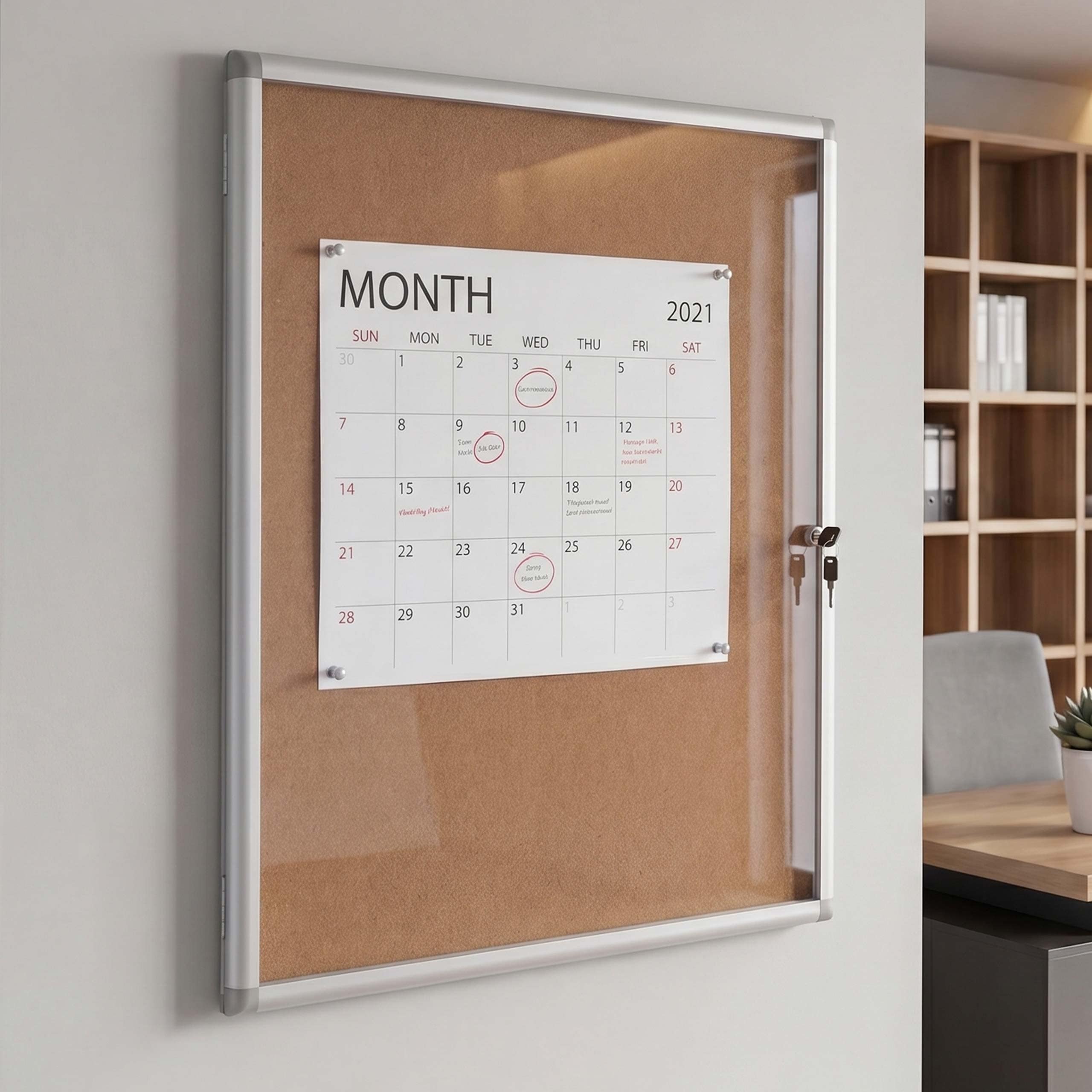 Schaukasten MCW-Q51, Memoboard Pinnwand mit Korkoberfl&auml;che, Aluminium abschlie&szlig;bar inkl. Zubeh&ouml;r 95x68x7cm - Bild 1