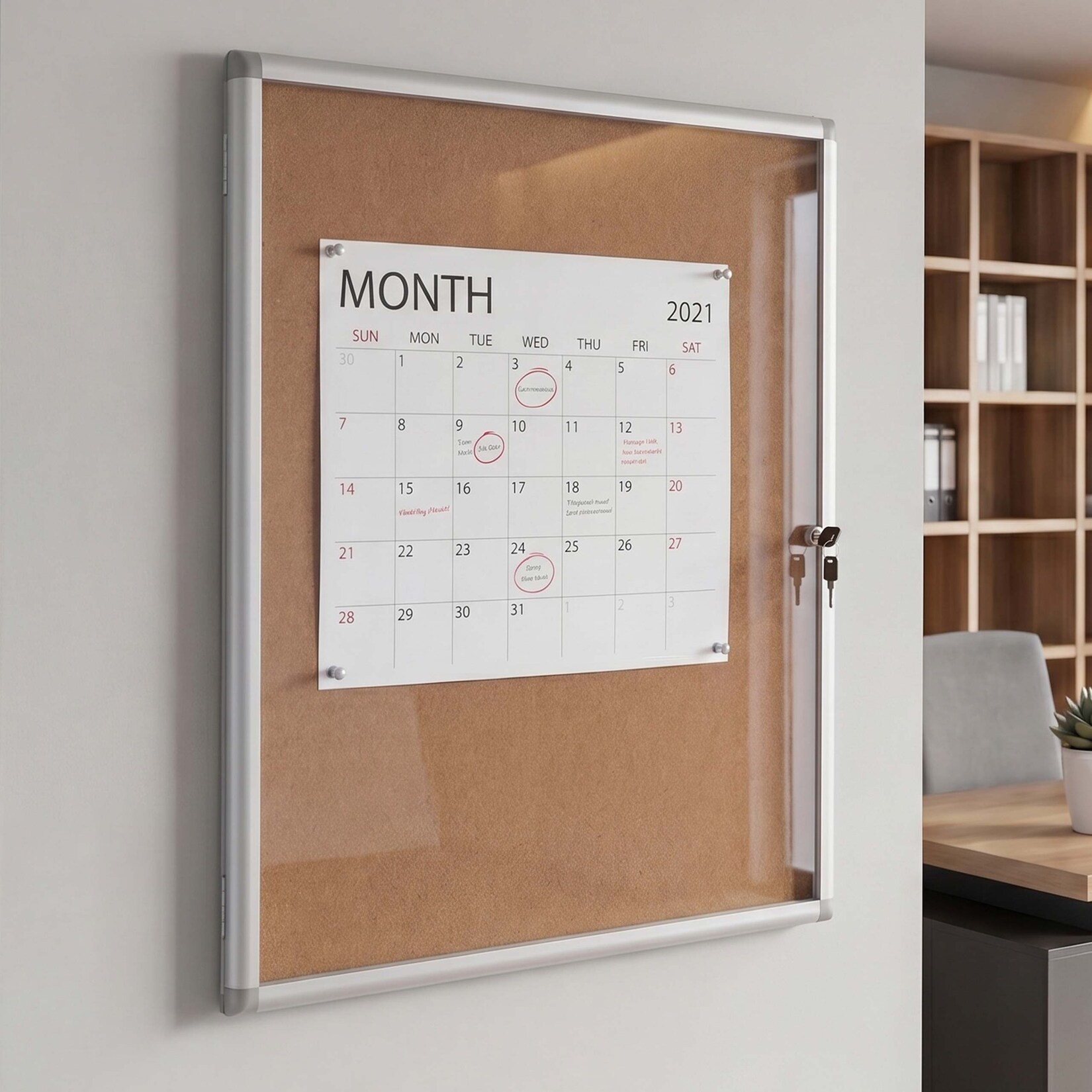 Schaukasten MCW-Q51, Memoboard Pinnwand mit Korkoberfläche, Aluminium abschließbar inkl. Zubehör 95x68x7cm