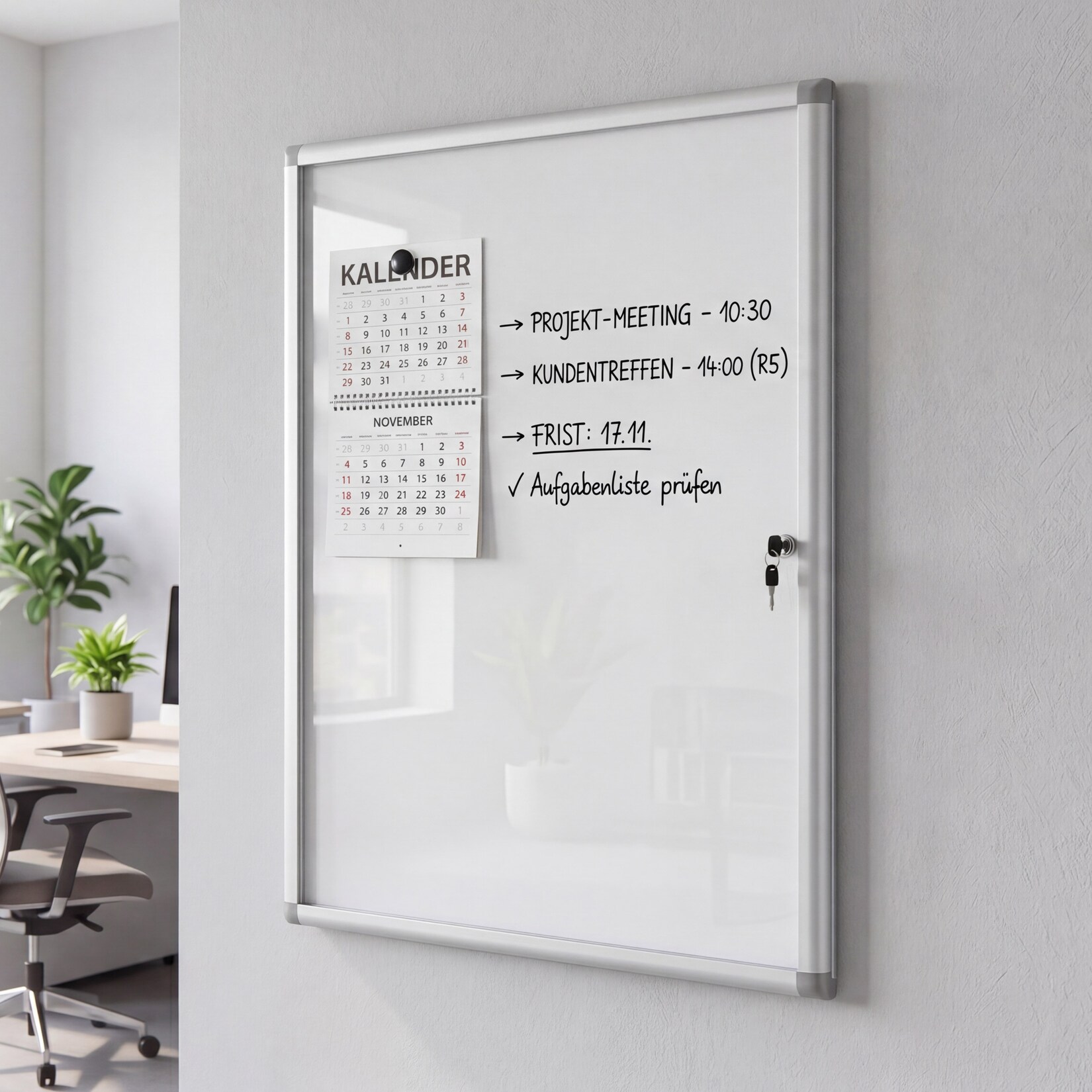 Schaukasten MCW-Q51, Magnettafel Whiteboard Memoboard Pinnwand, Aluminium abschließbar inkl. Zubehör 95x68x7cm