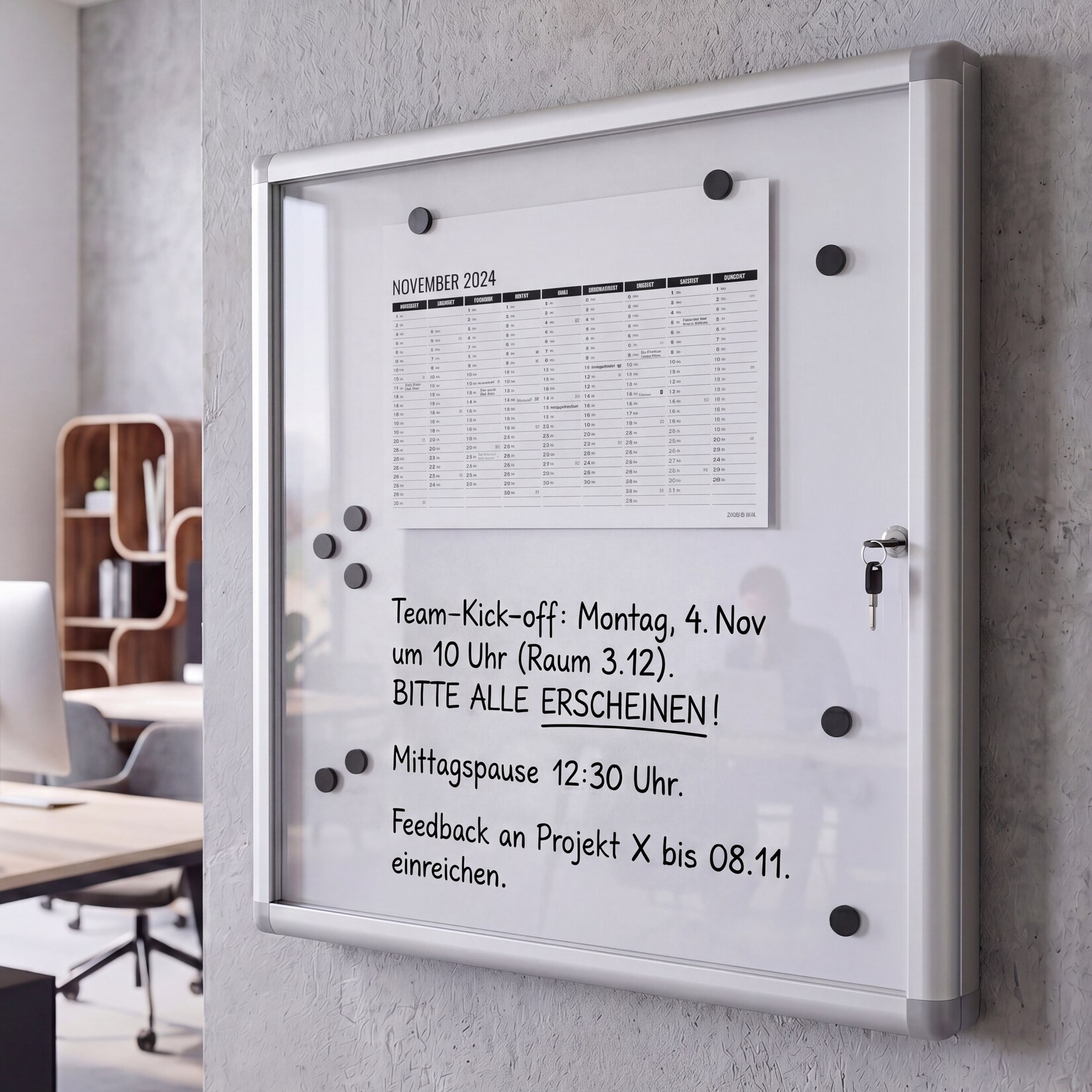 Schaukasten MCW-Q51, Magnettafel Whiteboard Memoboard Pinnwand, Aluminium abschließbar inkl. Zubehör 65x68x7cm