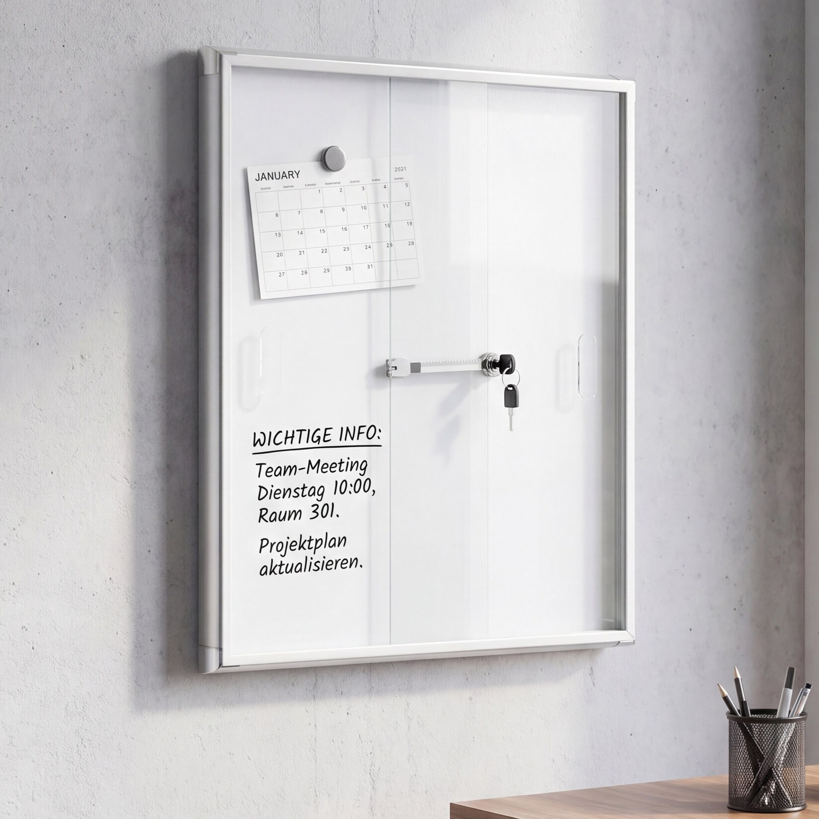 Schaukasten MCW-Q50, Magnettafel Whiteboard Memoboard Pinnwand, Aluminium abschließbar inkl. Zubehör 66x47x9cm