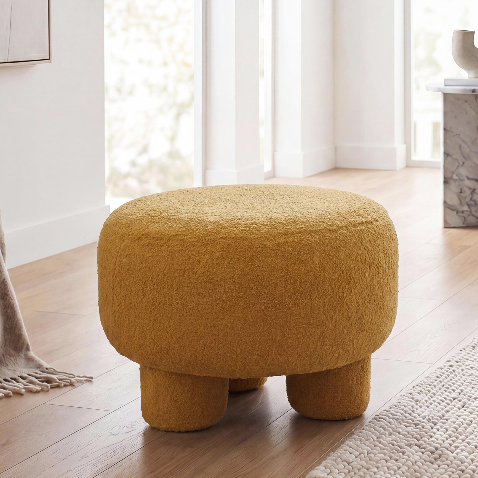 Hocker -Q49, Sitzhocker Ottomane Polsterhocker Pouf, Stoff/Textil Bouclé (/m²) 55cm ~ senfgelb