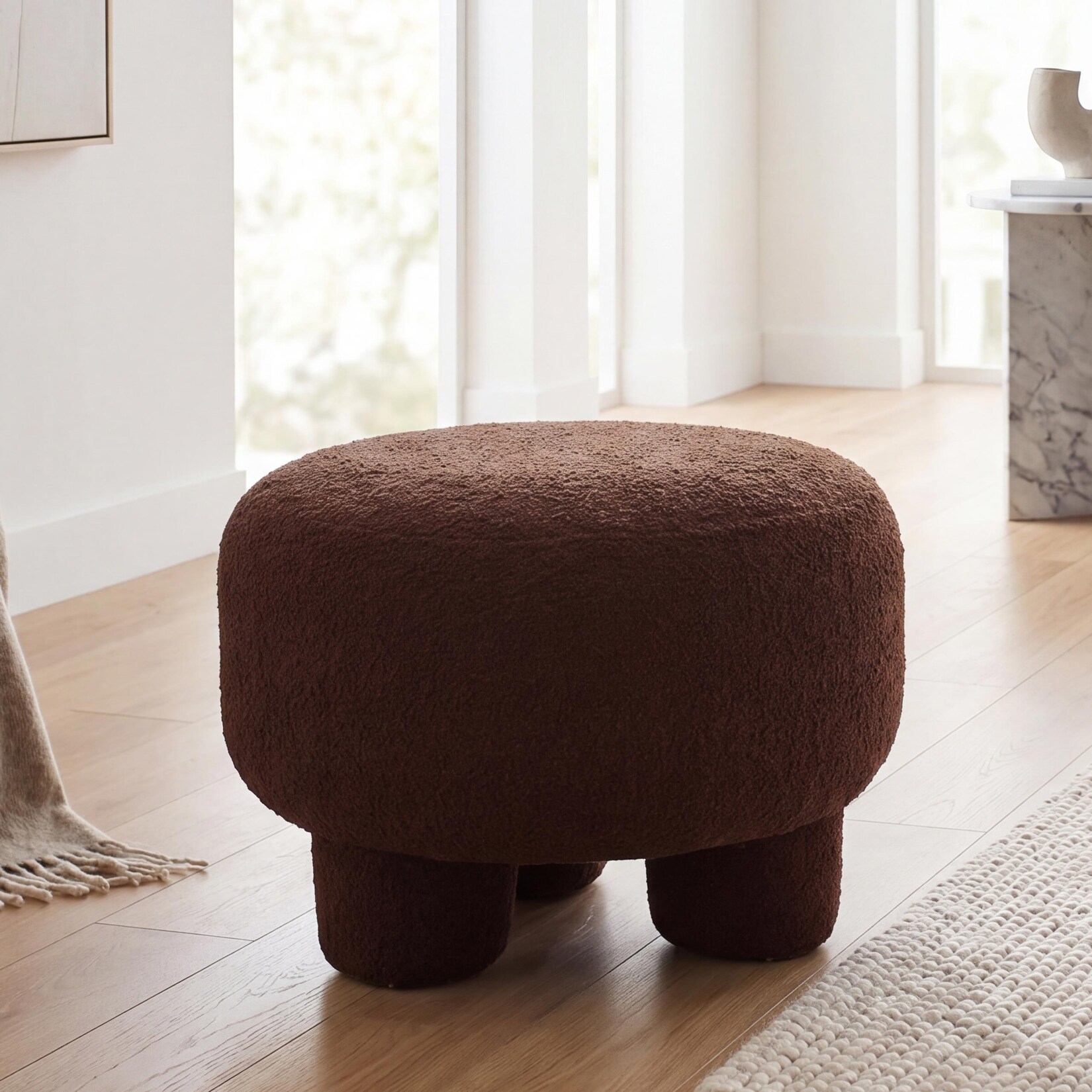 Hocker MCW-Q49, Sitzhocker Ottomane Polsterhocker Pouf, Stoff/Textil Bouclé (200g/m²) 55cm ~ dunkelbraun