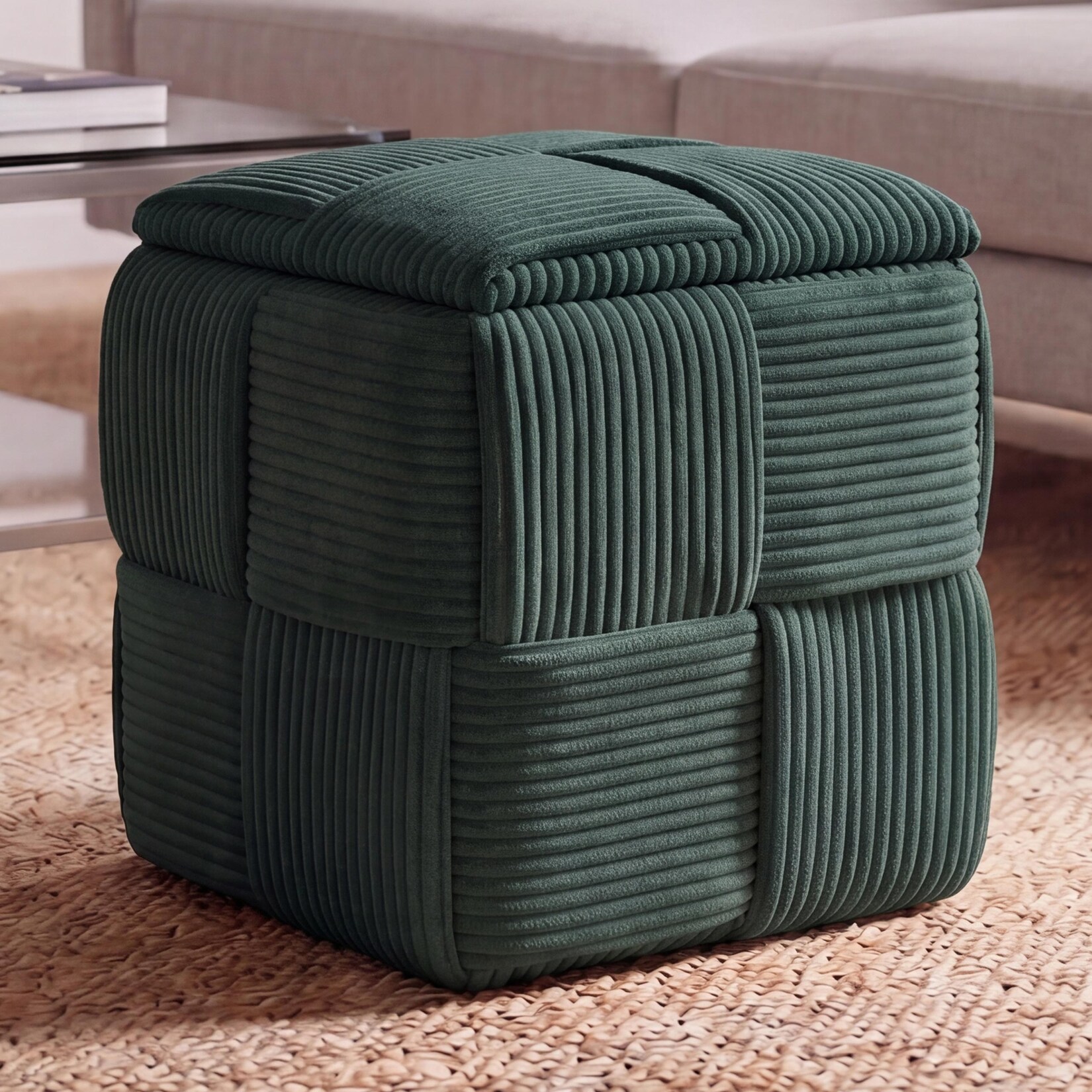 Hocker MCW-Q47, Sitzhocker Ottomane Polsterhocker Pouf, Deckel Staufach Stoff Cord (260g/m²) 43x40x40cm